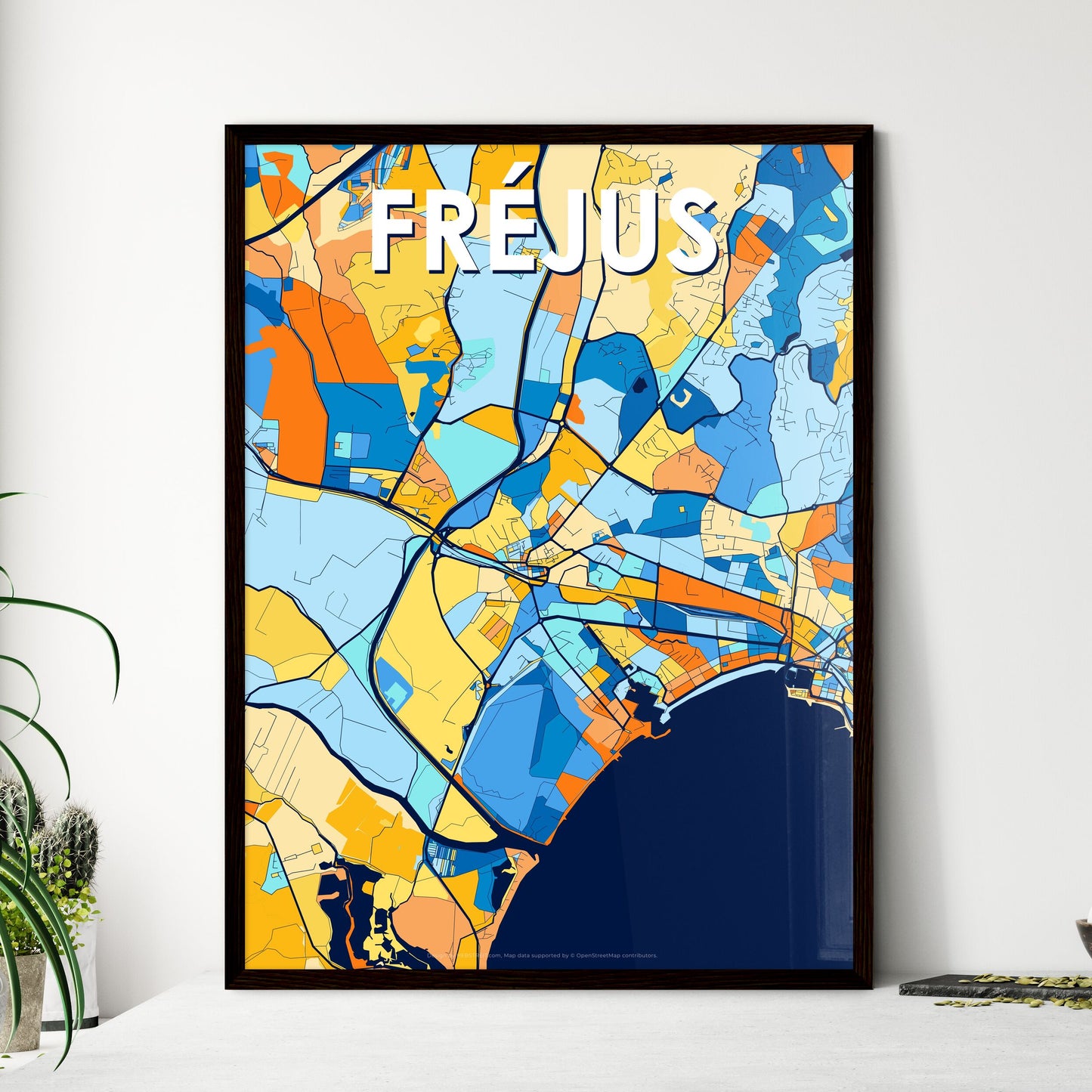 FRÉJUS FRANCE Vibrant Colorful Art Map Poster Blue Orange