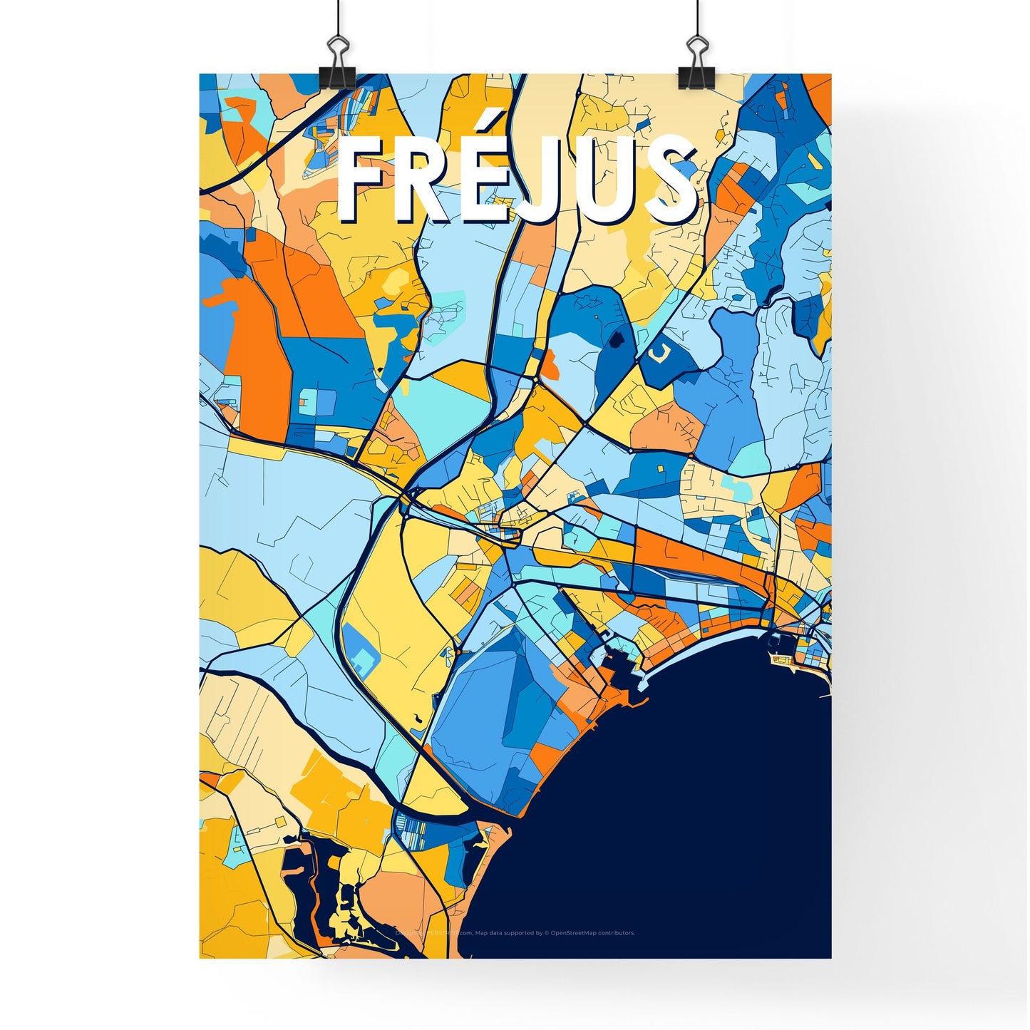 FRÉJUS FRANCE Vibrant Colorful Art Map Poster Blue Orange