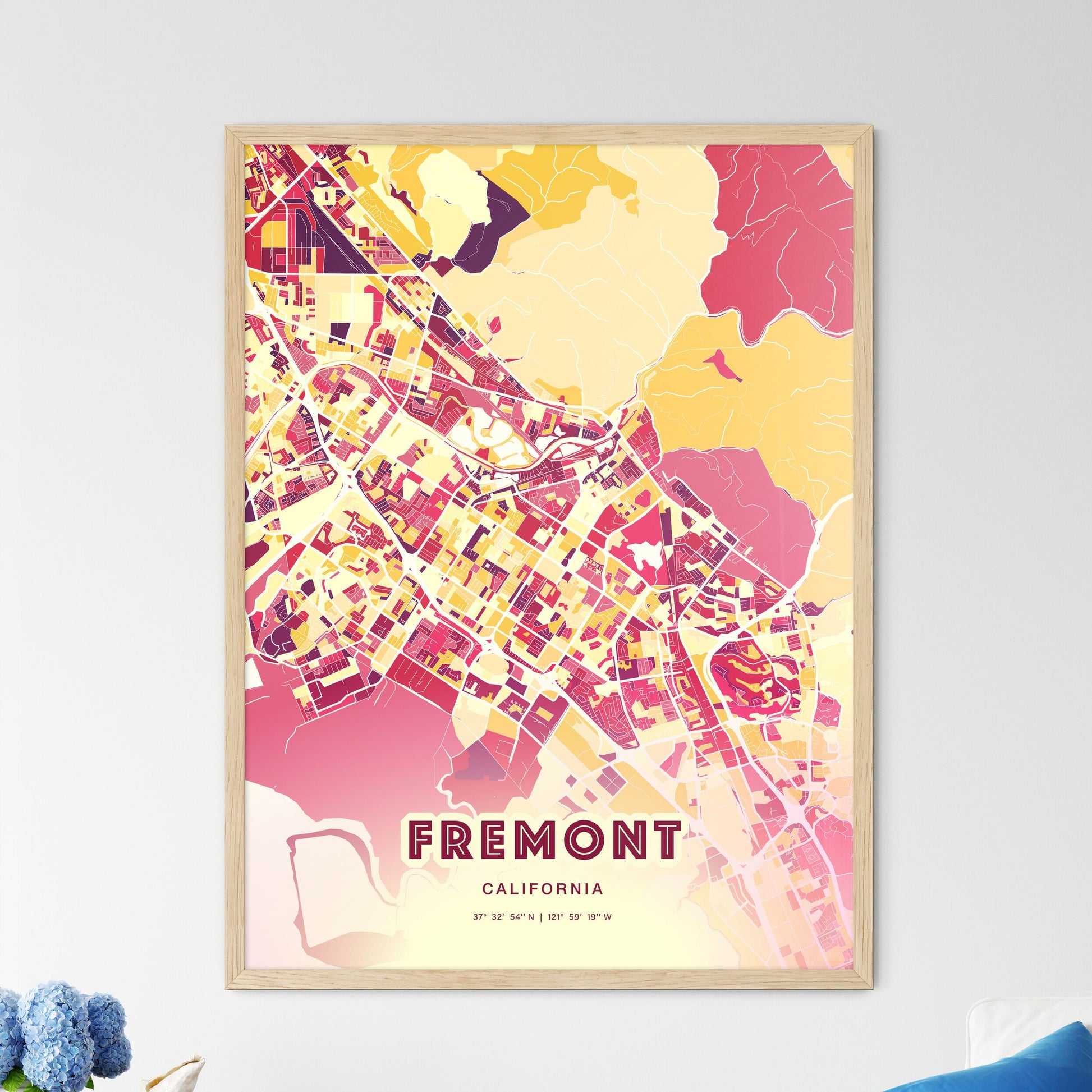 Colorful Fremont California Fine Art Map Hot Red