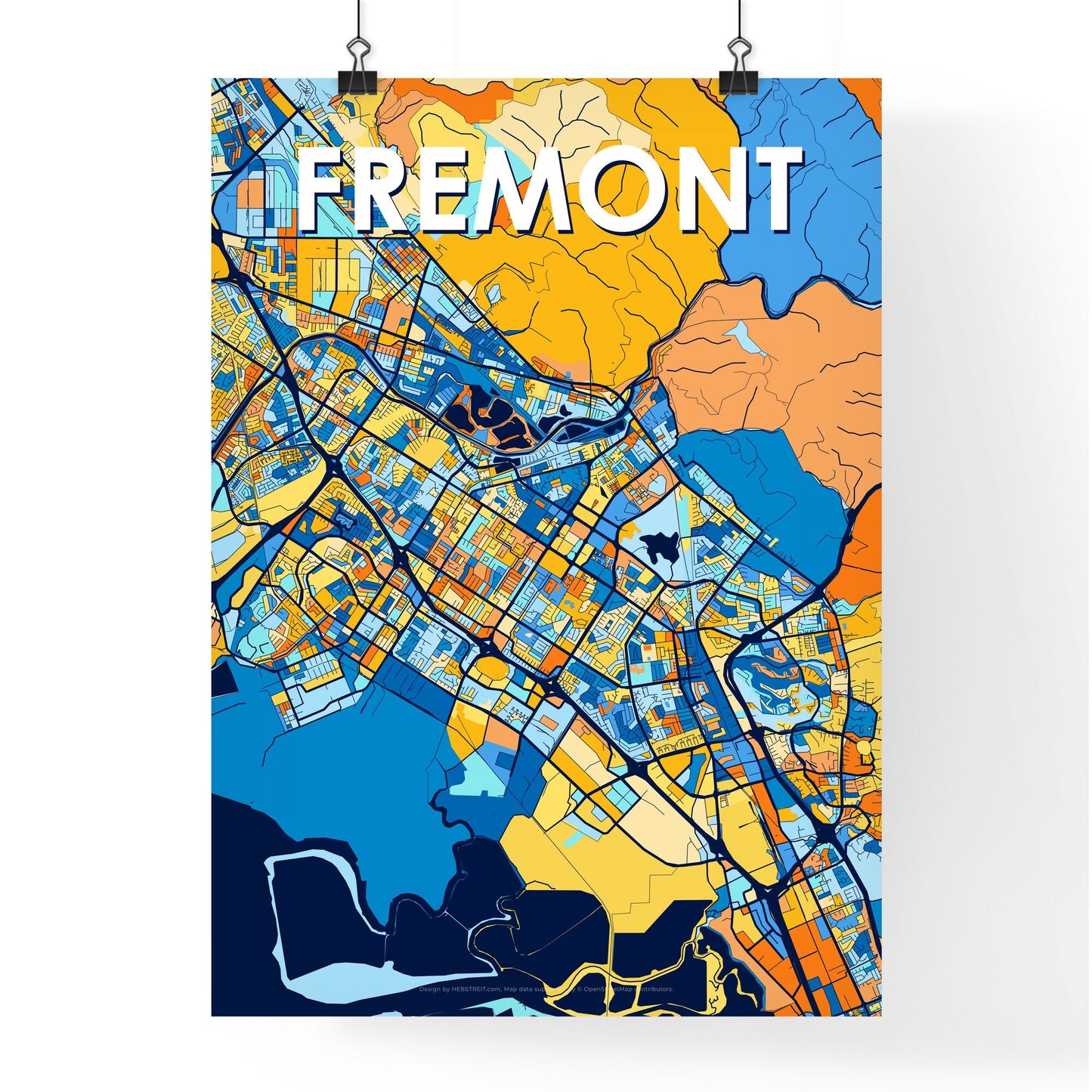 FREMONT CALIFORNIA Vibrant Colorful Art Map Poster Blue Orange