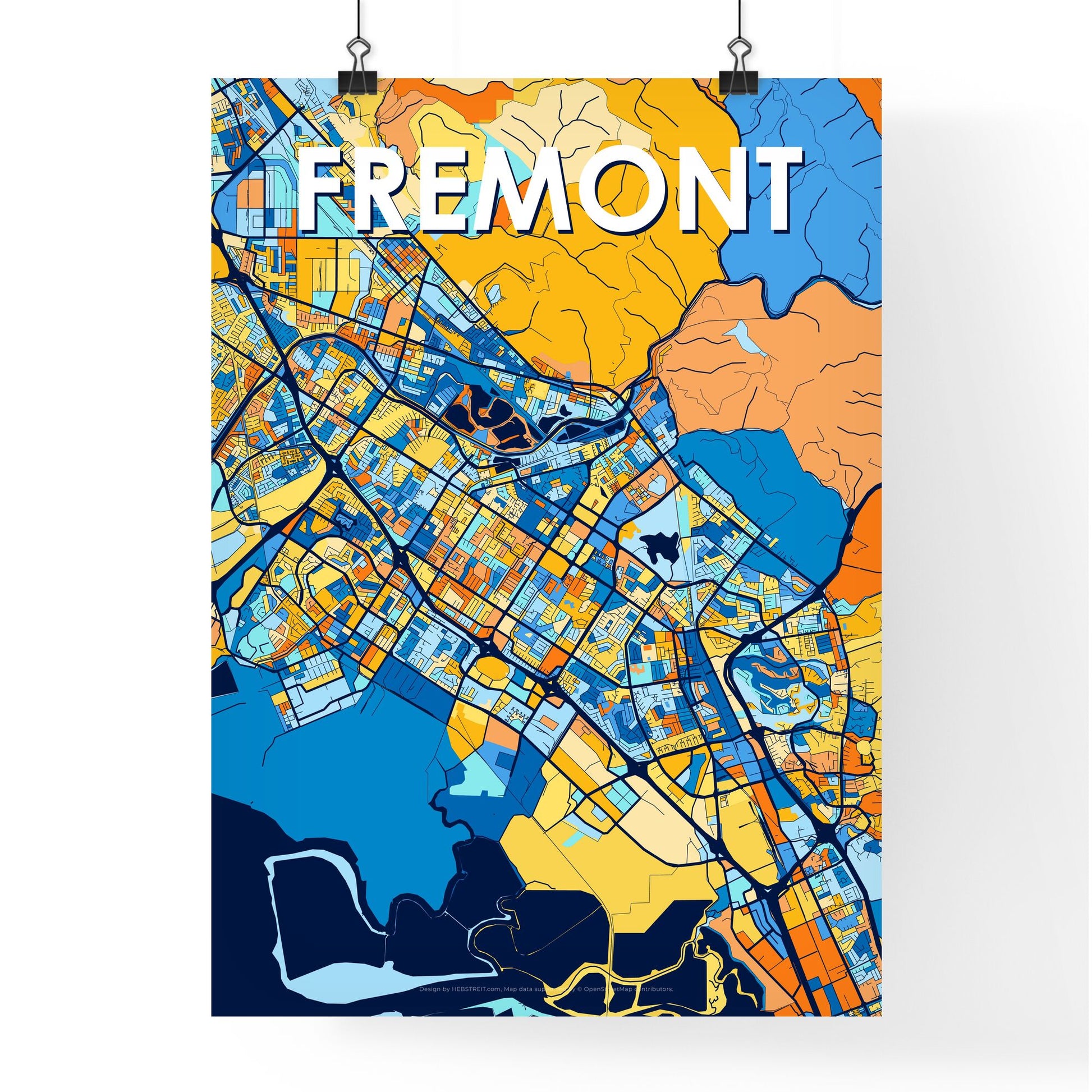 FREMONT CALIFORNIA Vibrant Colorful Art Map Poster Blue Orange