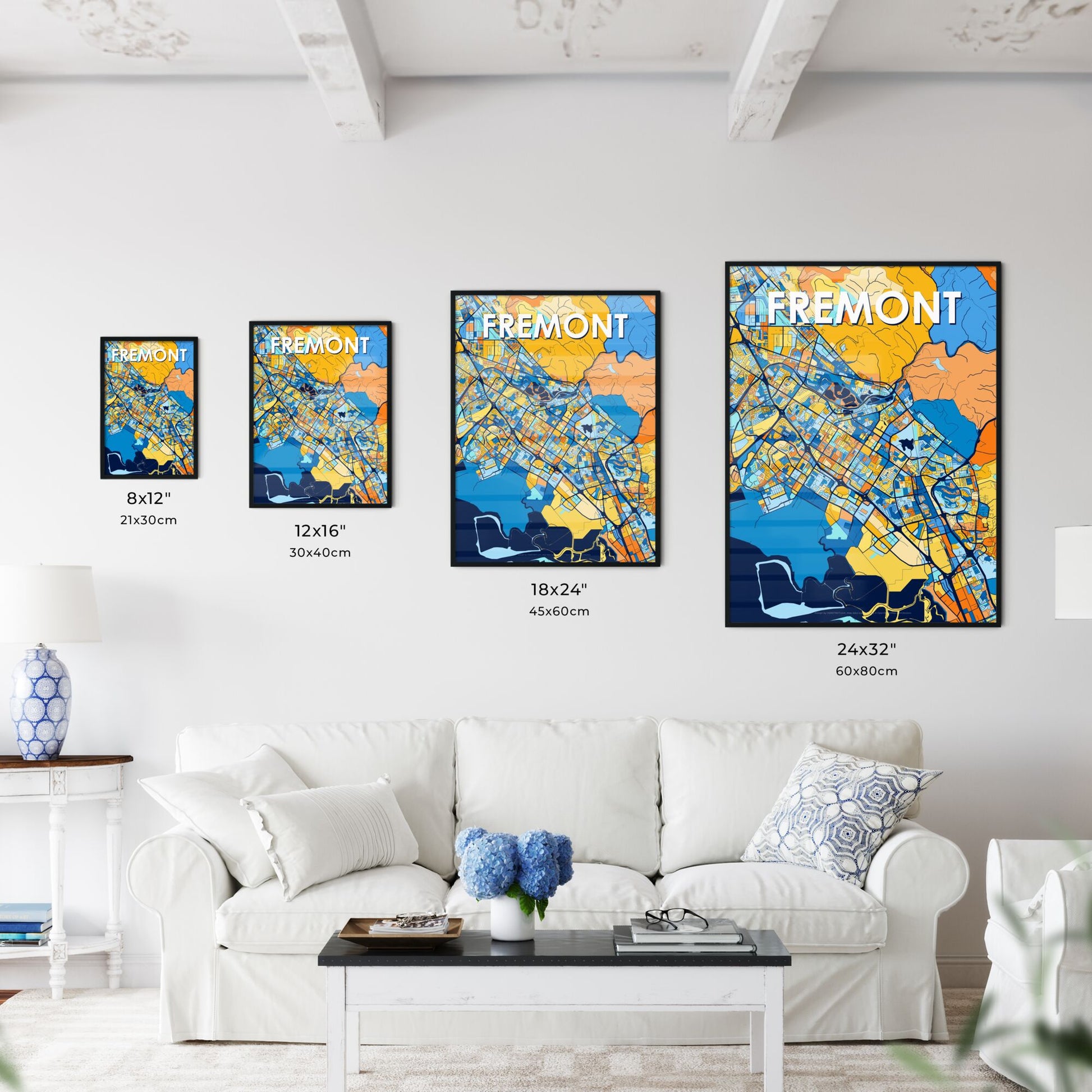 FREMONT CALIFORNIA Vibrant Colorful Art Map Poster Blue Orange