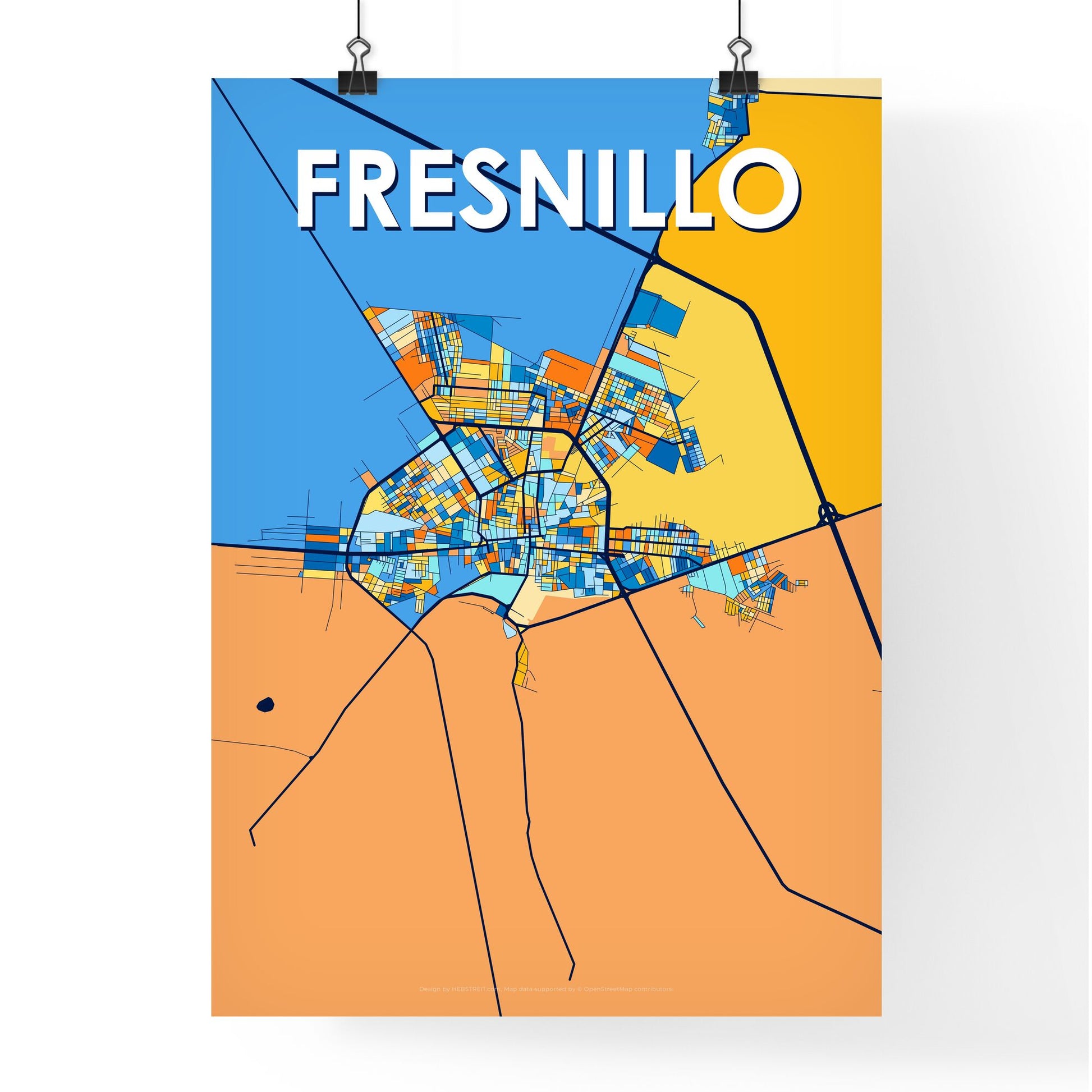 FRESNILLO MEXICO Vibrant Colorful Art Map Poster Blue Orange