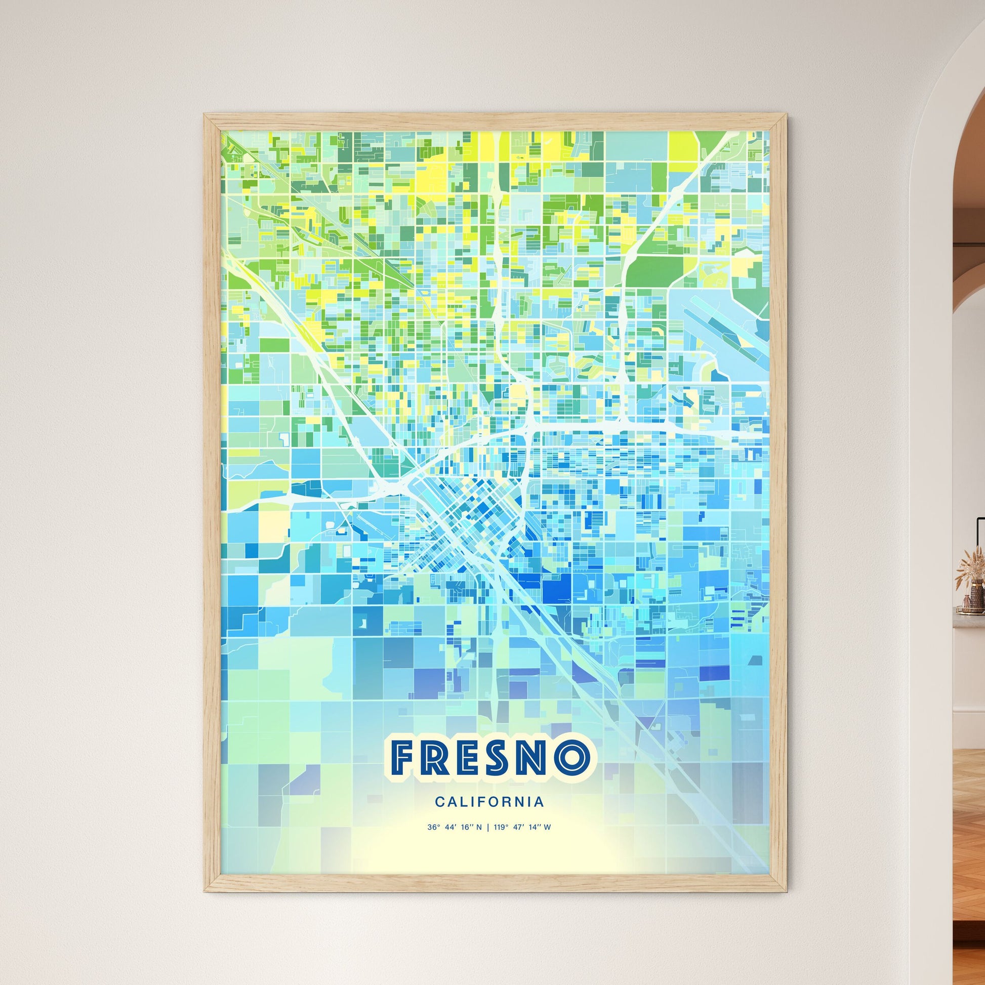 Colorful Fresno California Fine Art Map Cool Blue