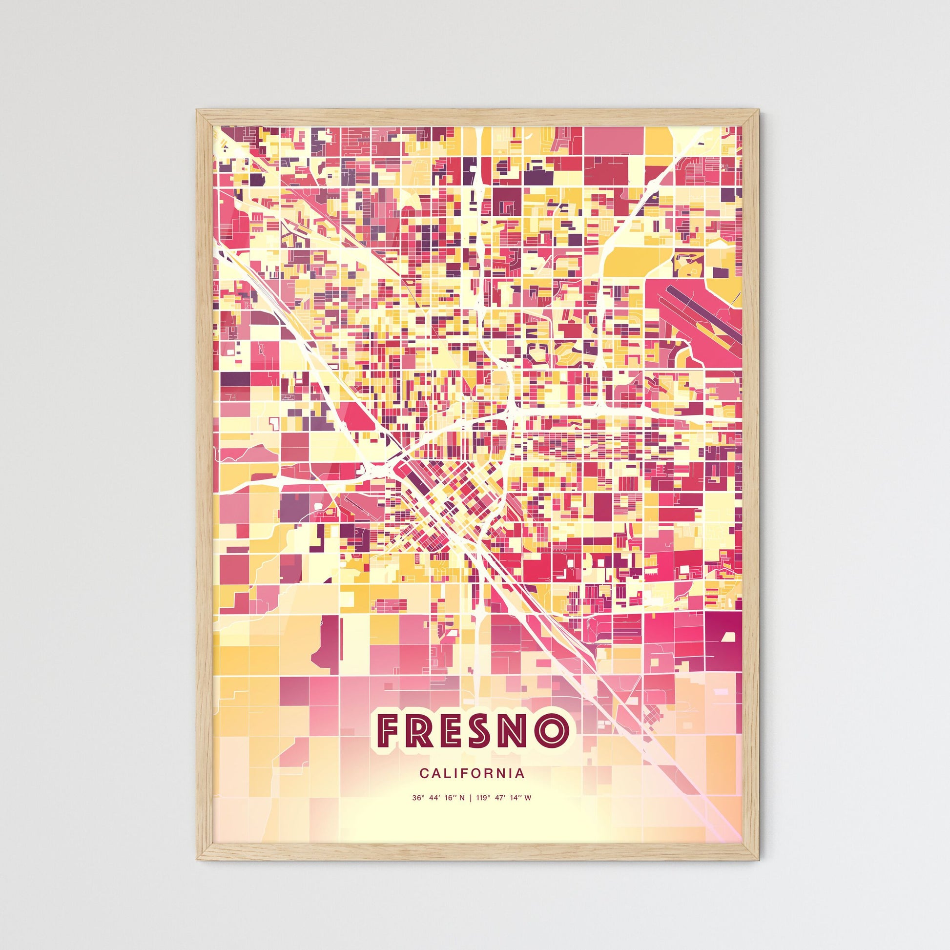 Colorful Fresno California Fine Art Map Hot Red