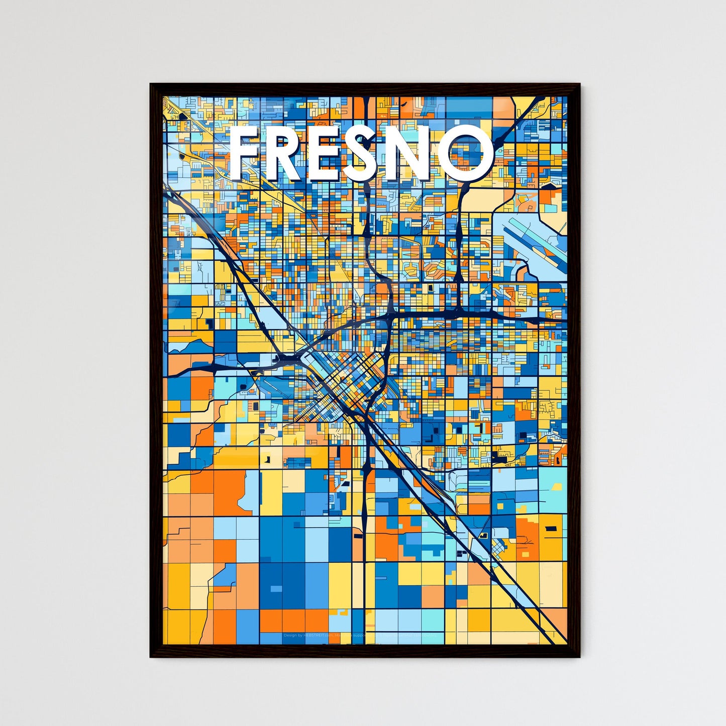 FRESNO CALIFORNIA Vibrant Colorful Art Map Poster Blue Orange