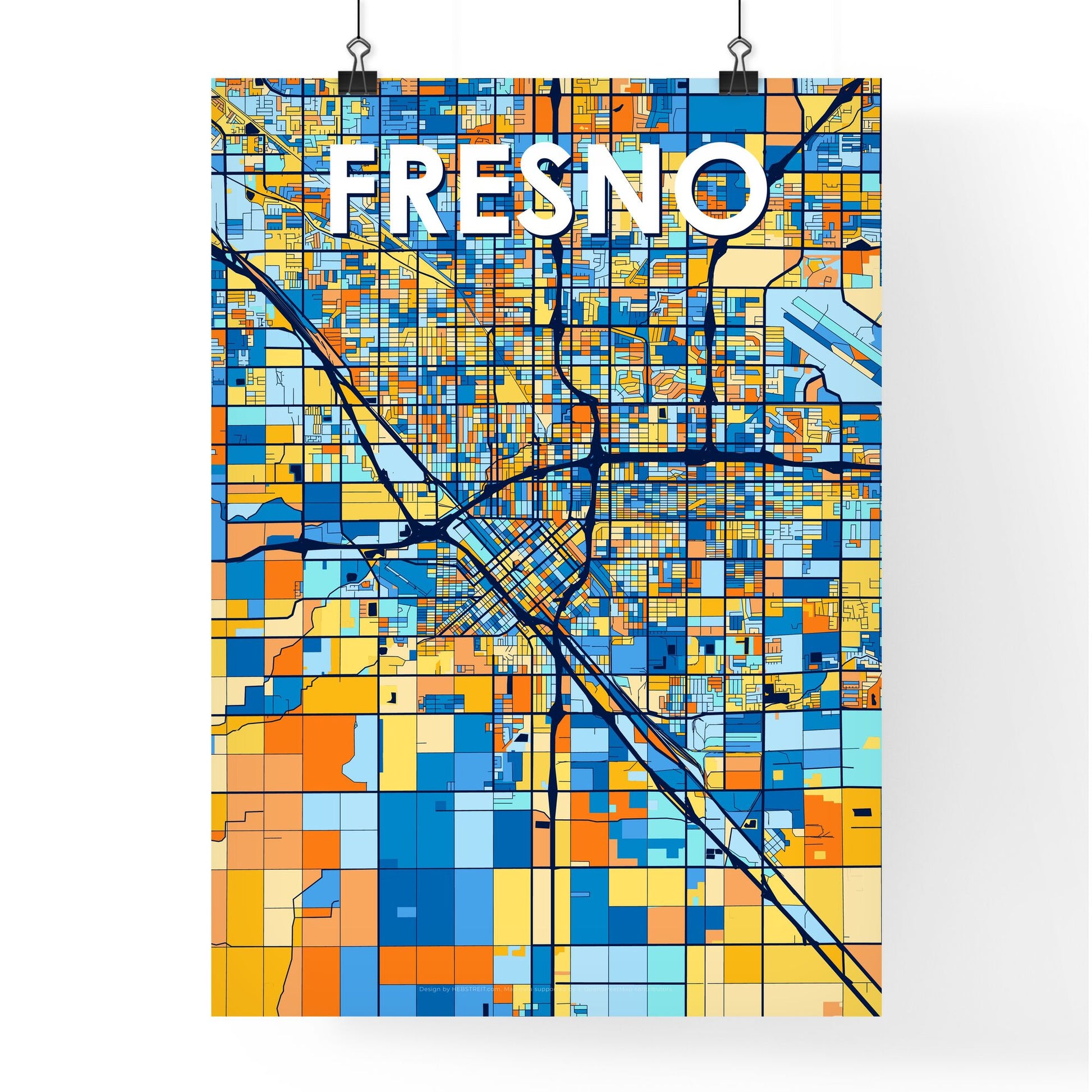 FRESNO CALIFORNIA Vibrant Colorful Art Map Poster Blue Orange