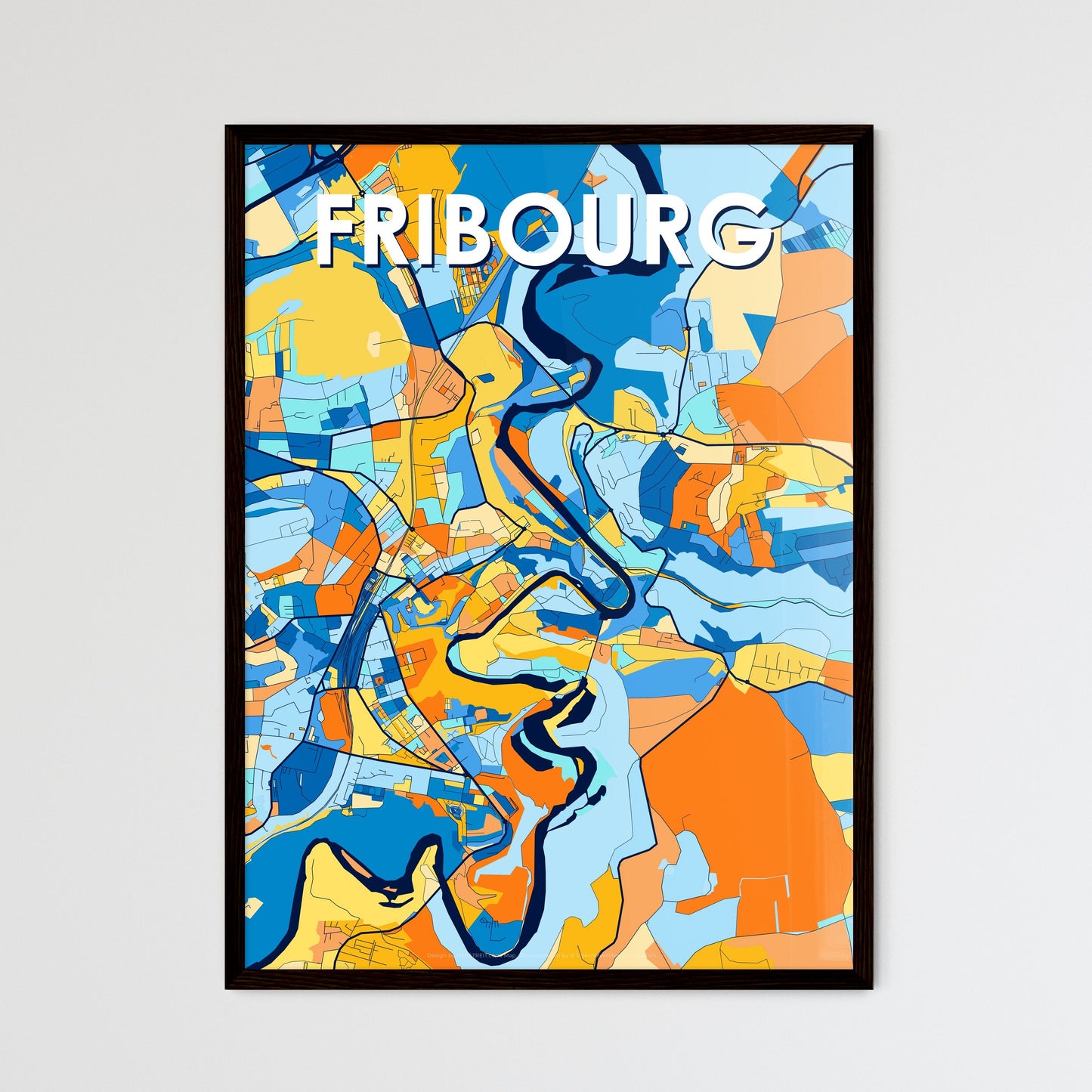 FRIBOURG SWITZERLAND Vibrant Colorful Art Map Poster Blue Orange