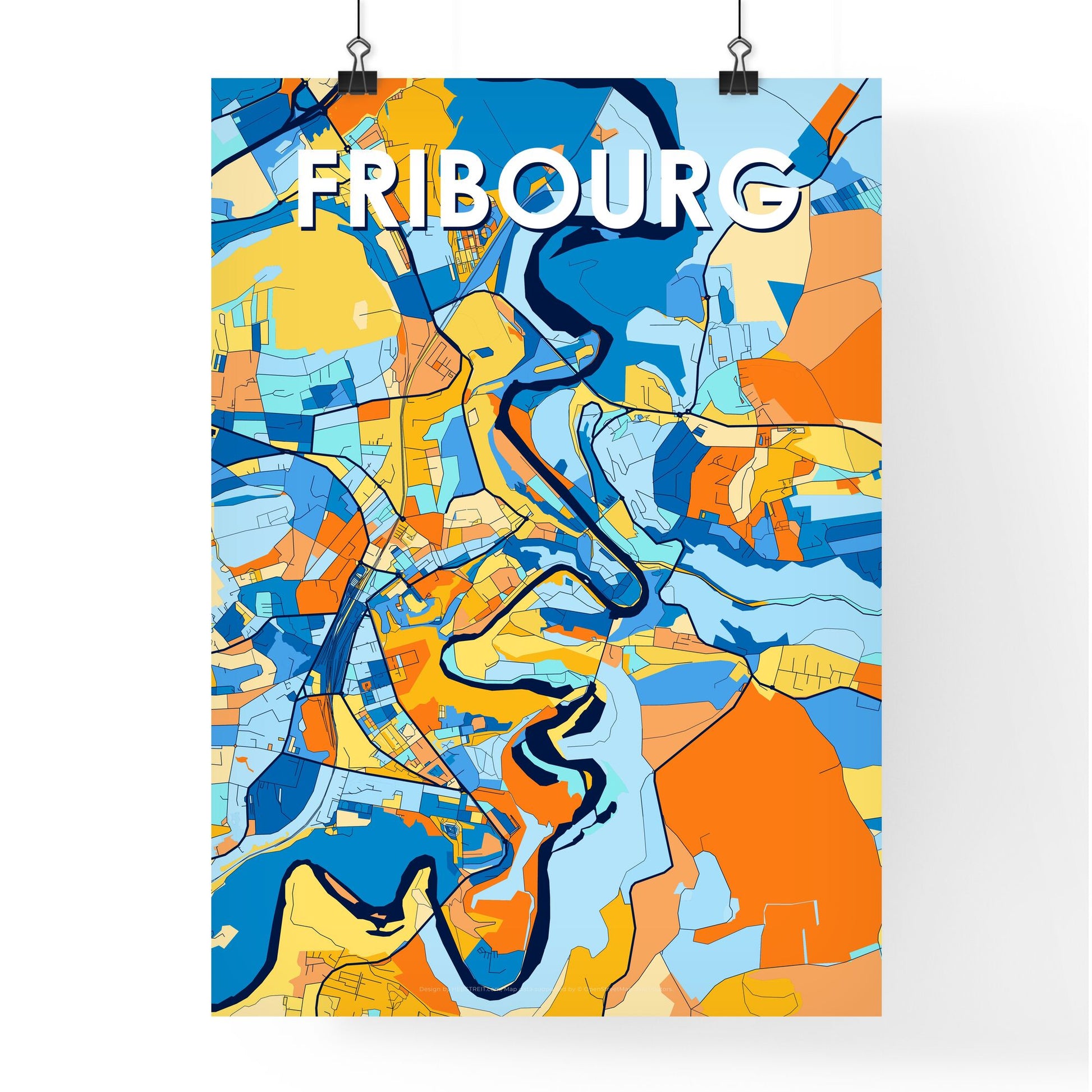 FRIBOURG SWITZERLAND Vibrant Colorful Art Map Poster Blue Orange