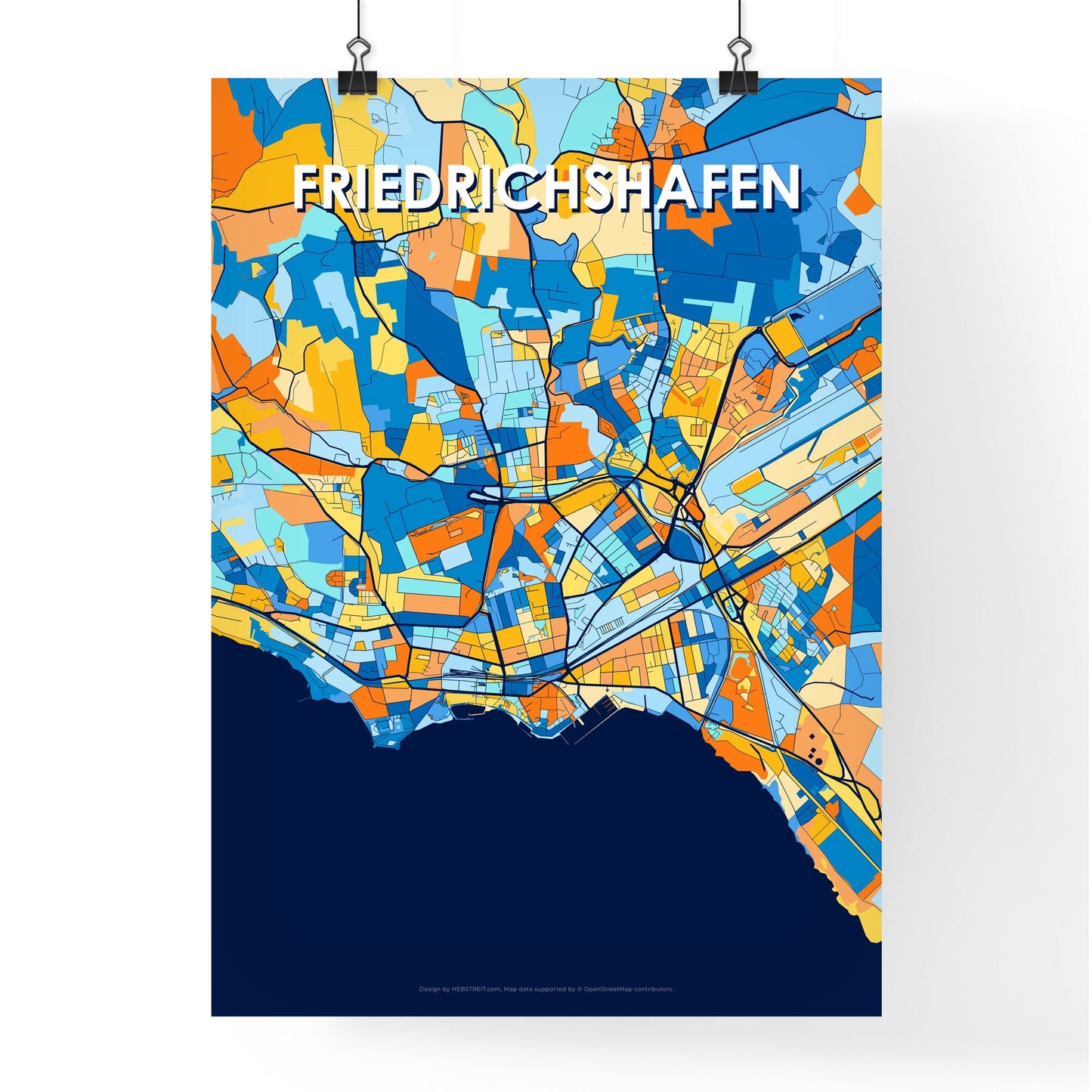 FRIEDRICHSHAFEN GERMANY Vibrant Colorful Art Map Poster Blue Orange