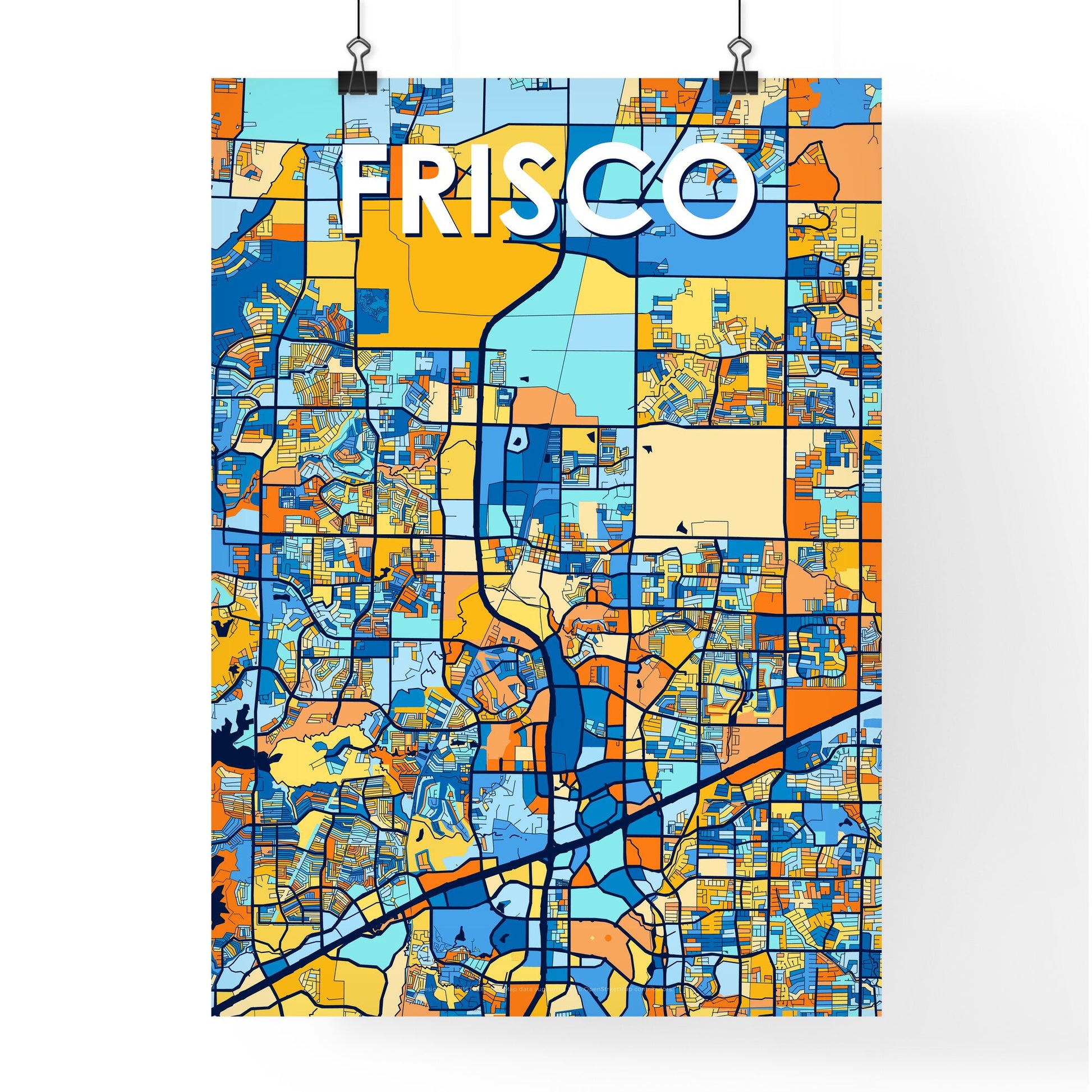 FRISCO TEXAS Vibrant Colorful Art Map Poster Blue Orange