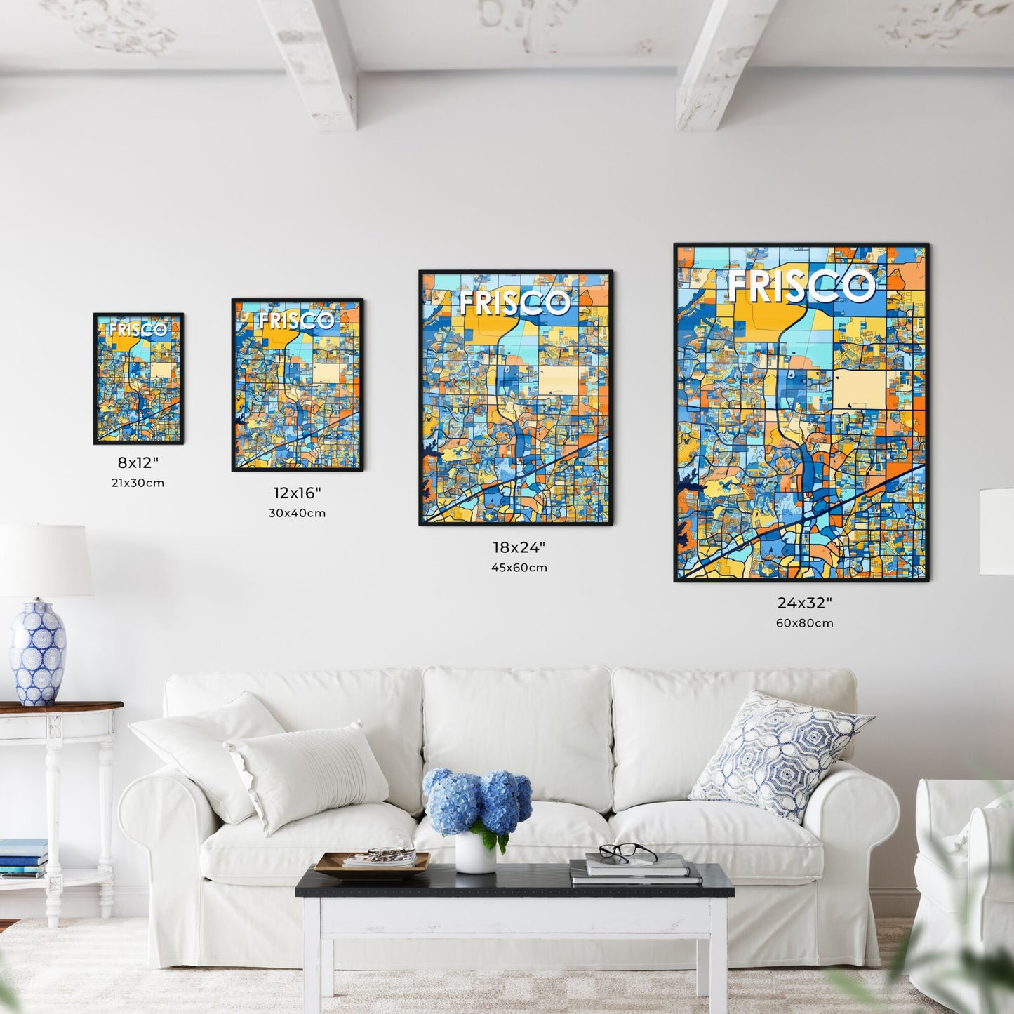 FRISCO TEXAS Vibrant Colorful Art Map Poster Blue Orange