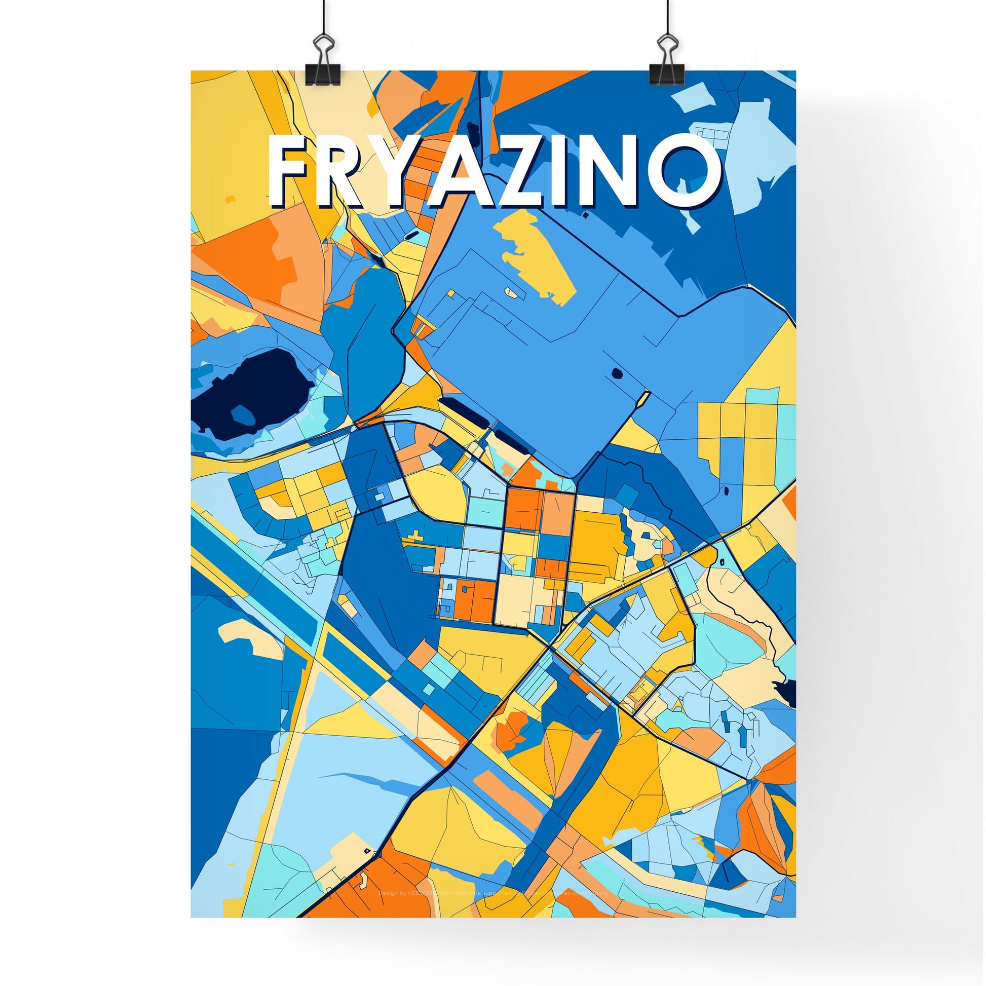 FRYAZINO RUSSIA Vibrant Colorful Art Map Poster Blue Orange