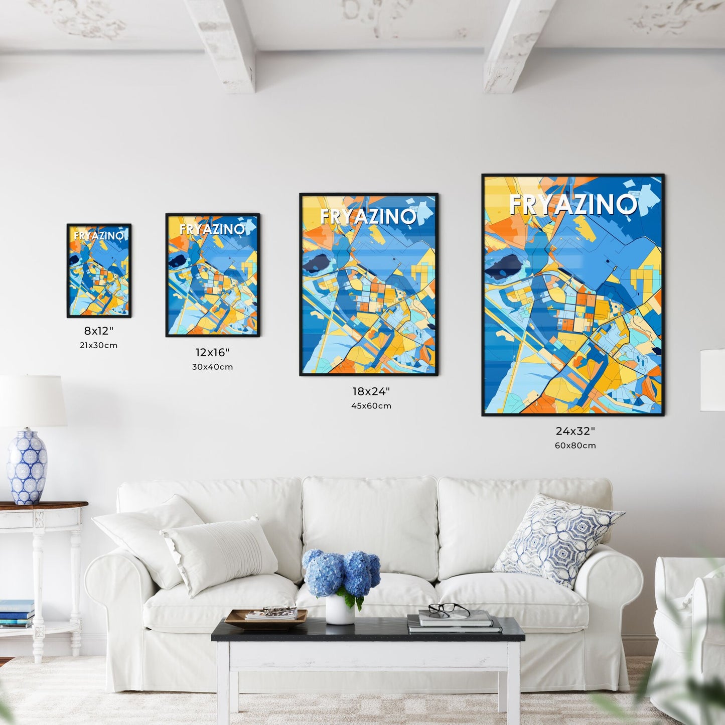 FRYAZINO RUSSIA Vibrant Colorful Art Map Poster Blue Orange