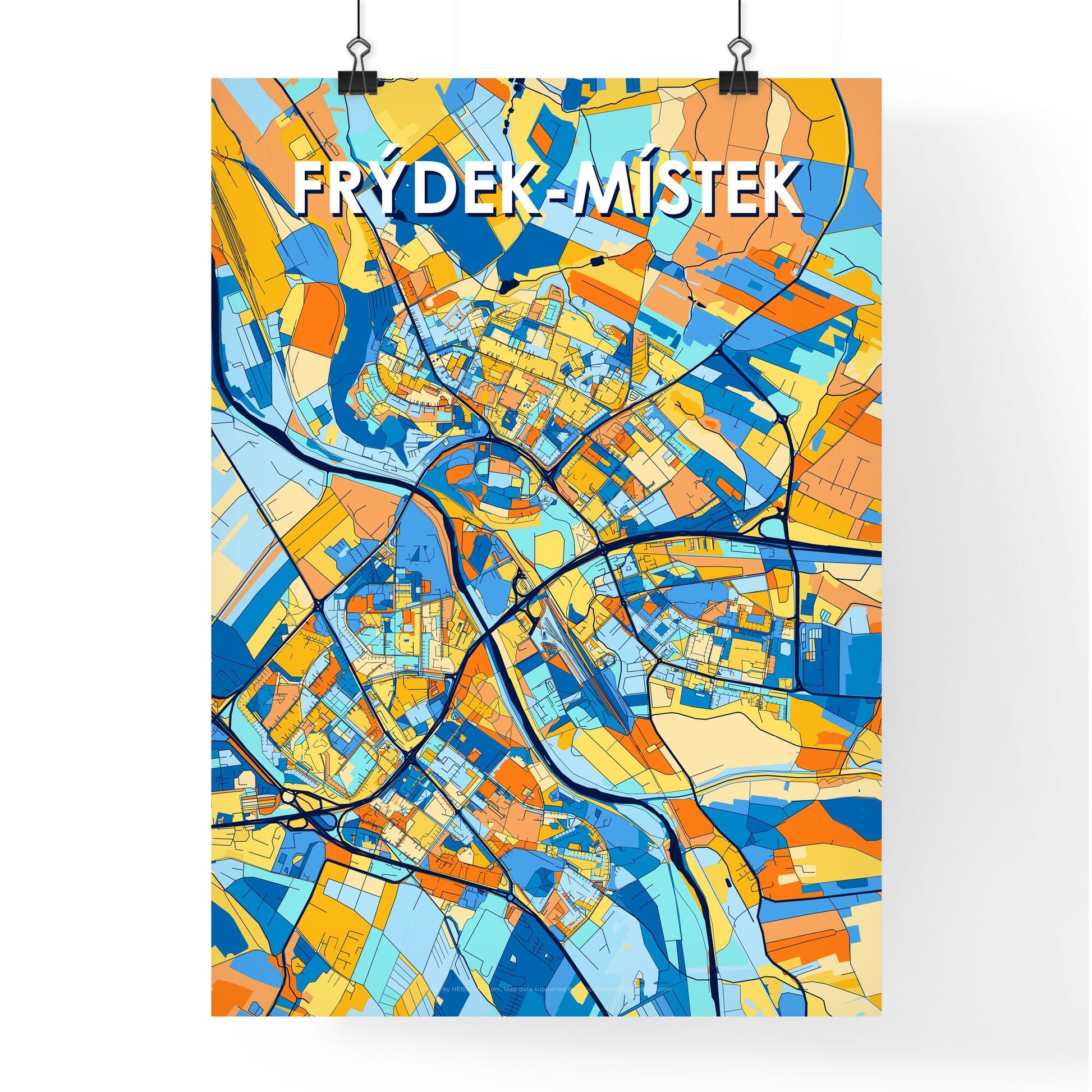 FRÝDEK-MÍSTEK CZECHIA Vibrant Colorful Art Map Poster Blue Orange