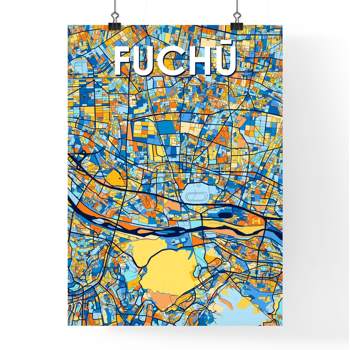 FUCHŪ JAPAN Vibrant Colorful Art Map Poster Blue Orange