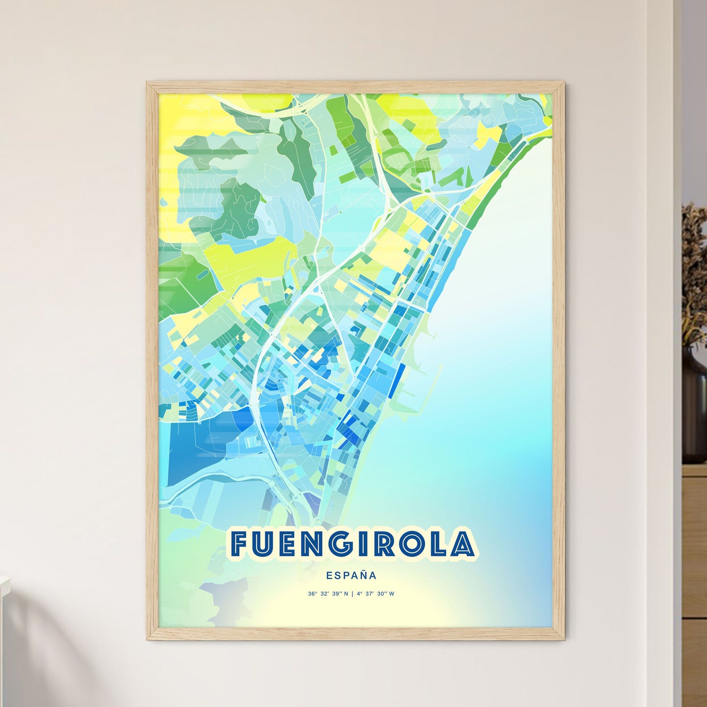 Colorful Fuengirola Spain Fine Art Map Cool Blue