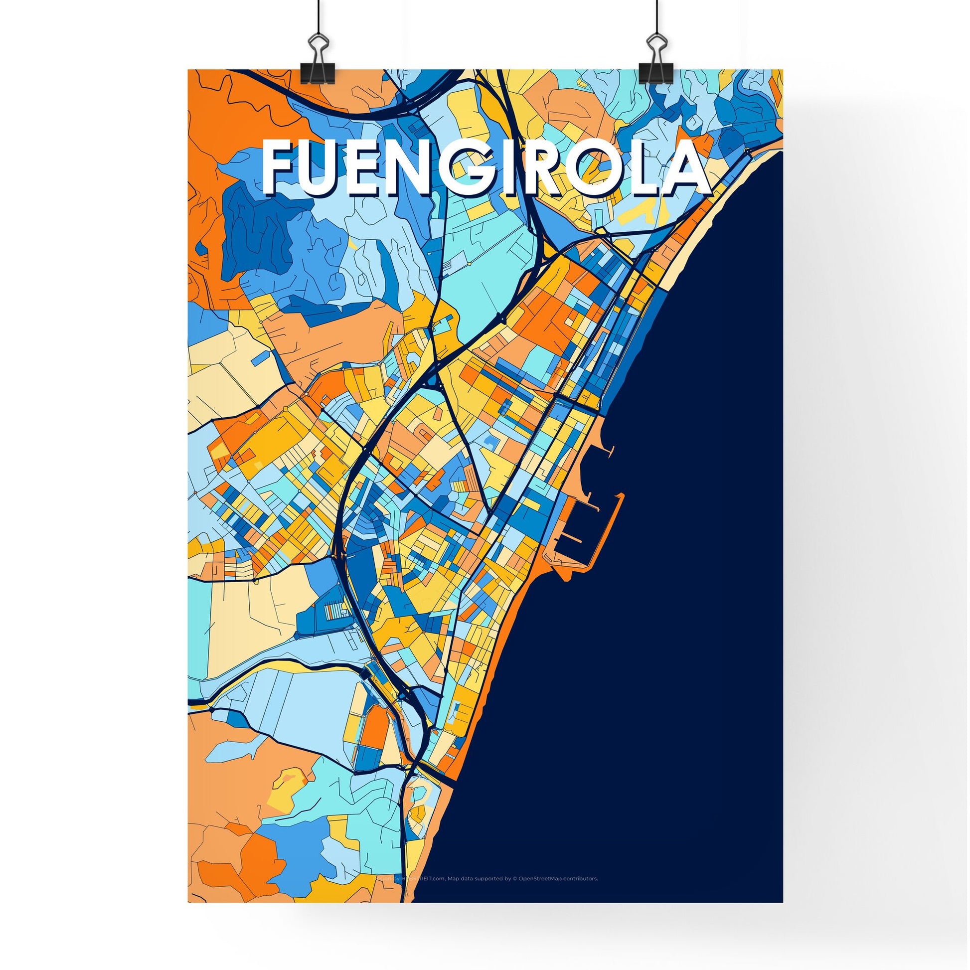 FUENGIROLA SPAIN Vibrant Colorful Art Map Poster Blue Orange