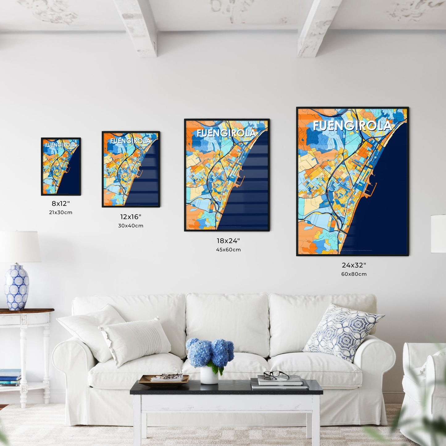 FUENGIROLA SPAIN Vibrant Colorful Art Map Poster Blue Orange