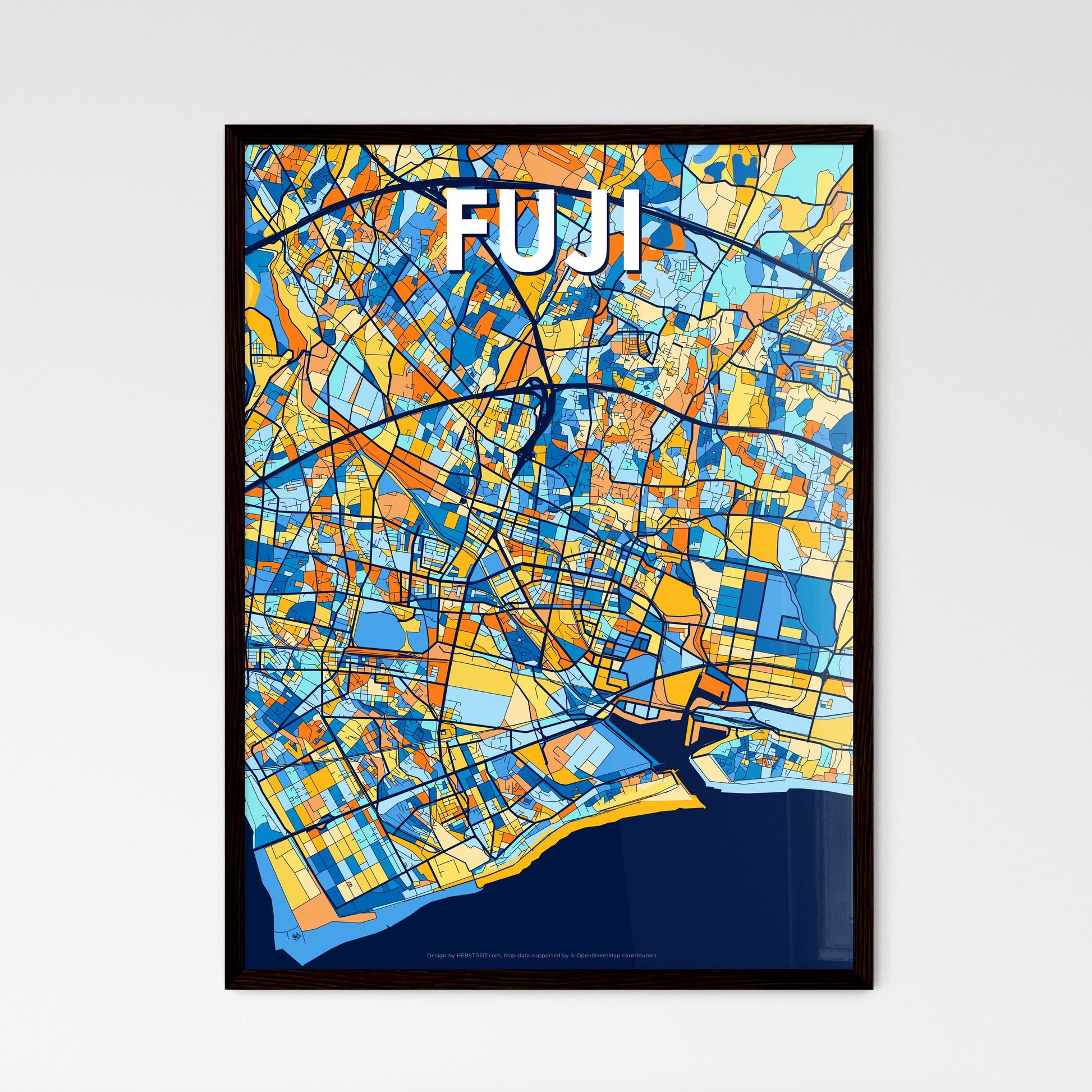 FUJI JAPAN Vibrant Colorful Art Map Poster Blue Orange