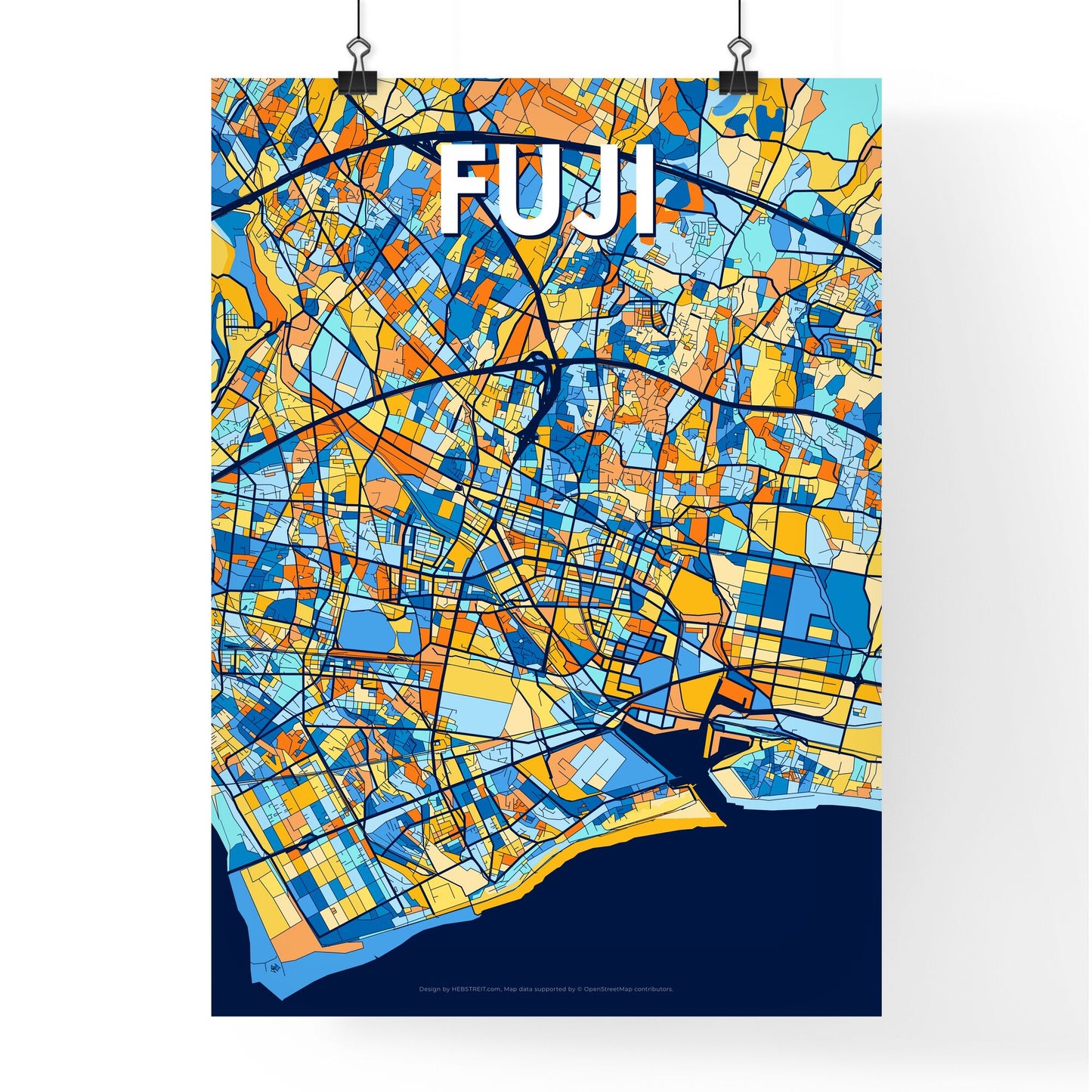 FUJI JAPAN Vibrant Colorful Art Map Poster Blue Orange