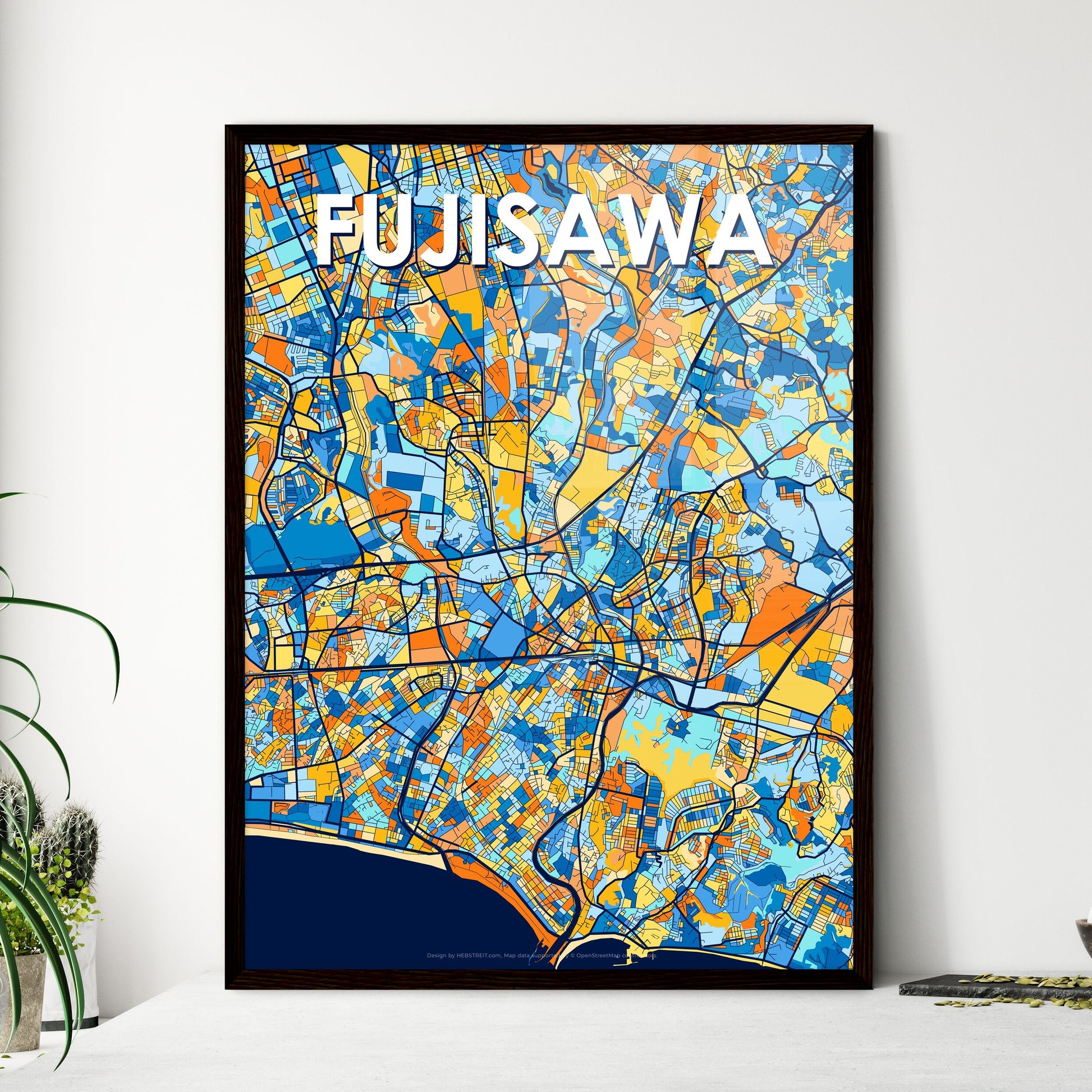 FUJISAWA JAPAN Vibrant Colorful Art Map Poster Blue Orange