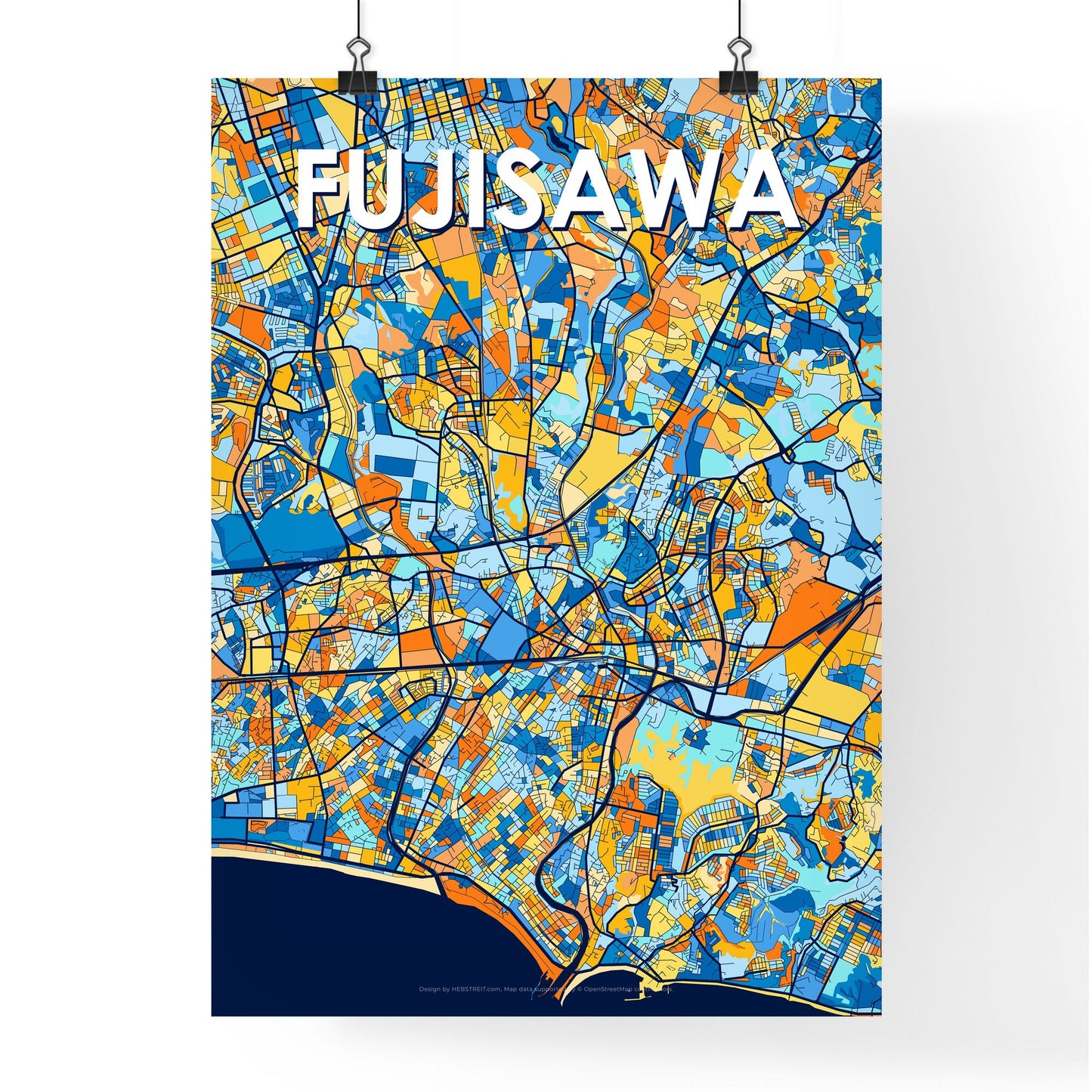 FUJISAWA JAPAN Vibrant Colorful Art Map Poster Blue Orange