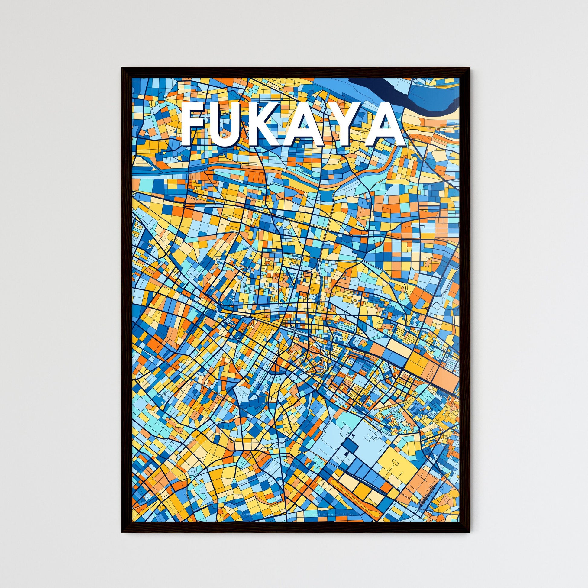 FUKAYA JAPAN Vibrant Colorful Art Map Poster Blue Orange