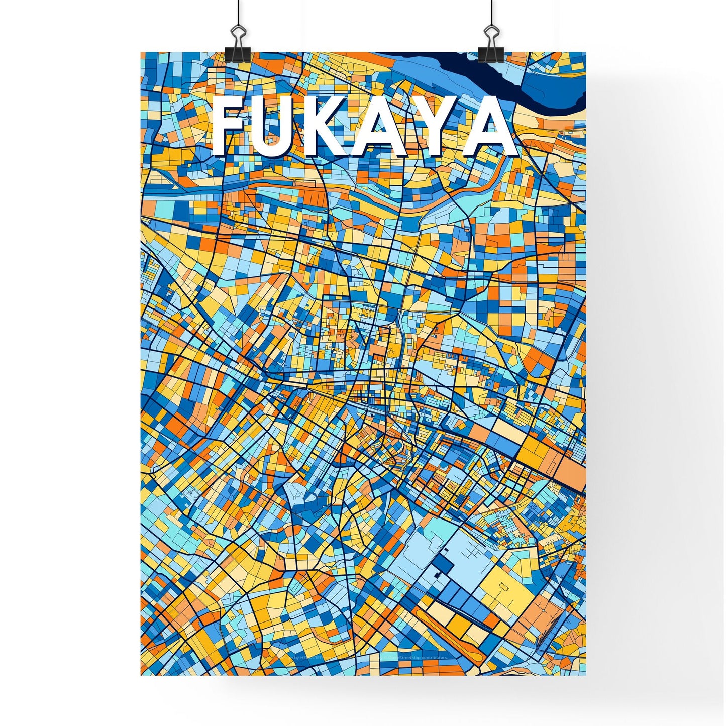 FUKAYA JAPAN Vibrant Colorful Art Map Poster Blue Orange