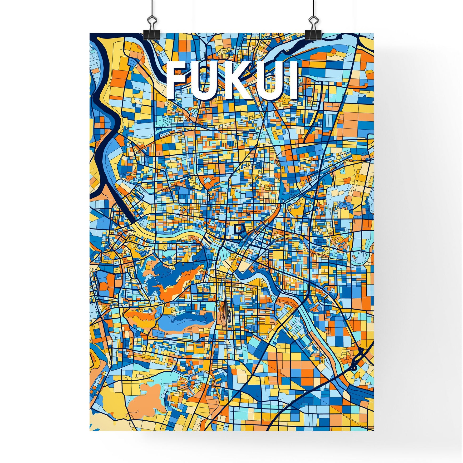 FUKUI JAPAN Vibrant Colorful Art Map Poster Blue Orange