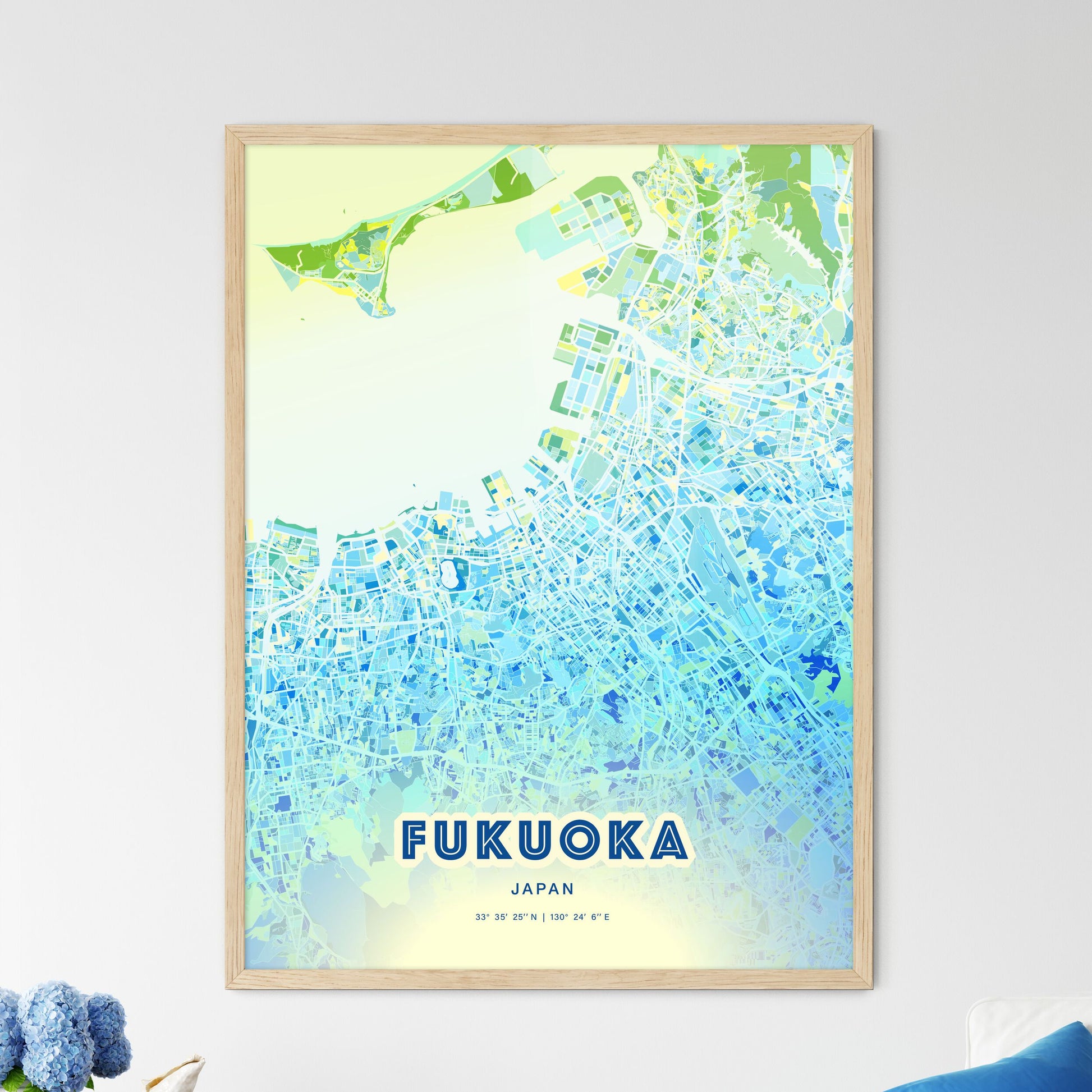 Colorful Fukuoka Japan Fine Art Map Cool Blue