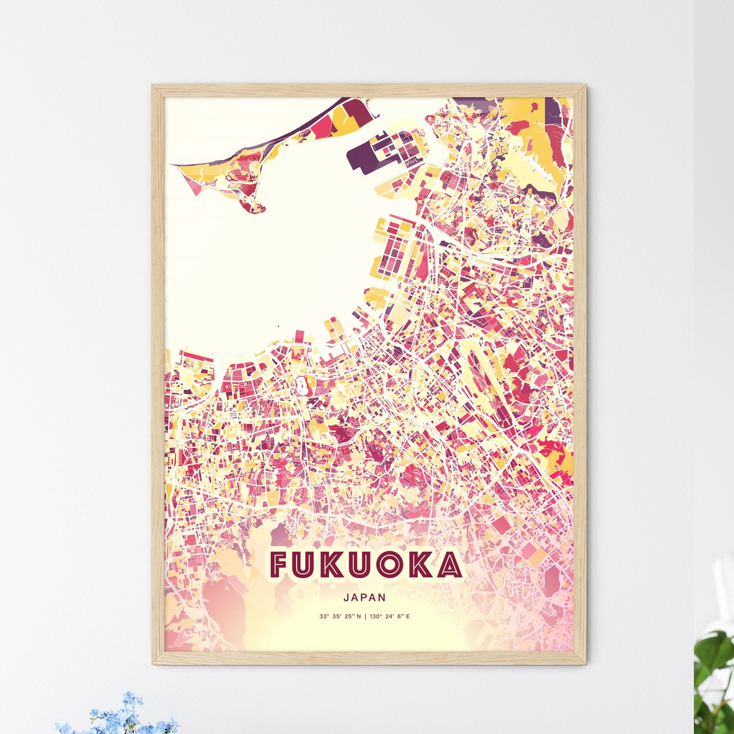 Colorful Fukuoka Japan Fine Art Map Hot Red