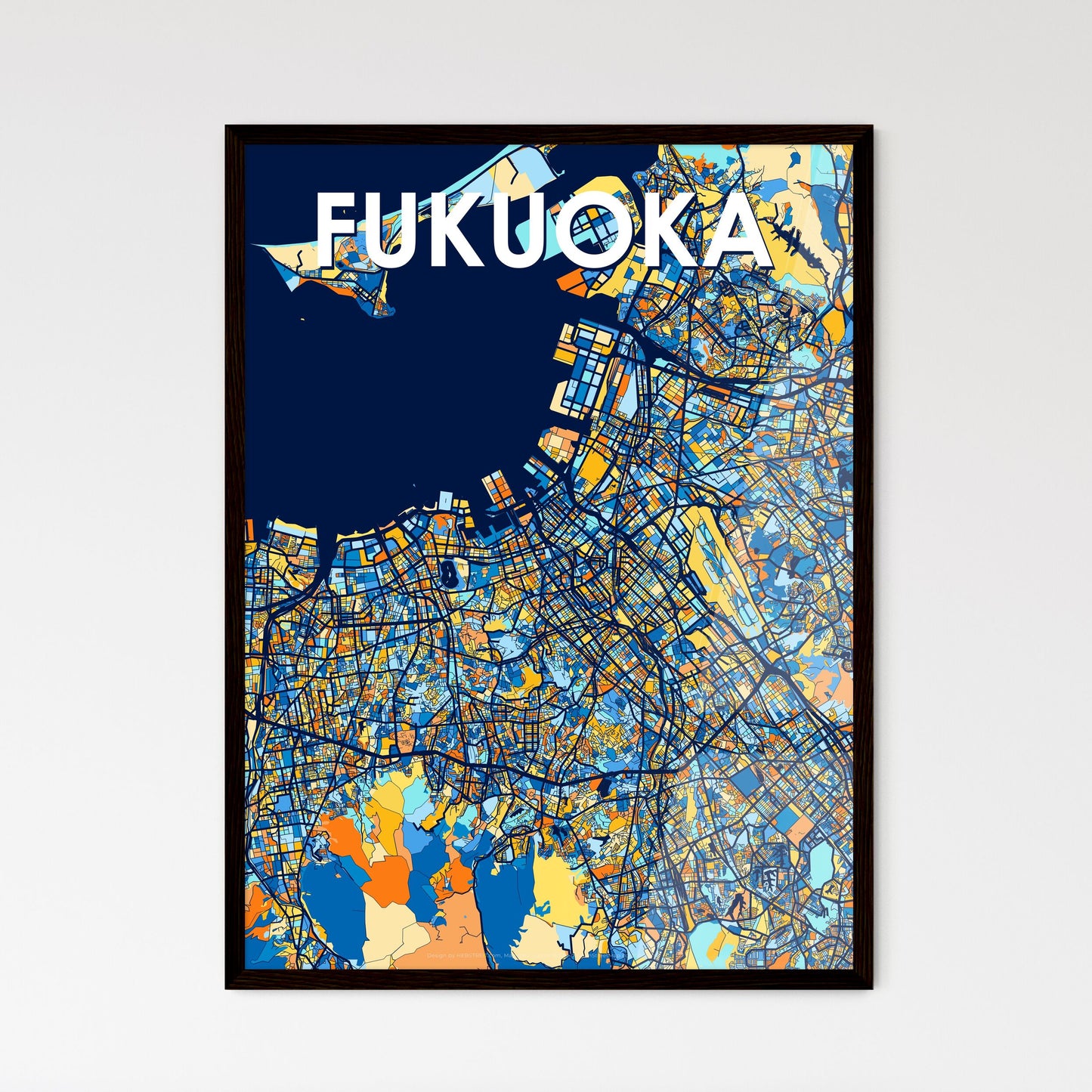 FUKUOKA JAPAN Vibrant Colorful Art Map Poster Blue Orange