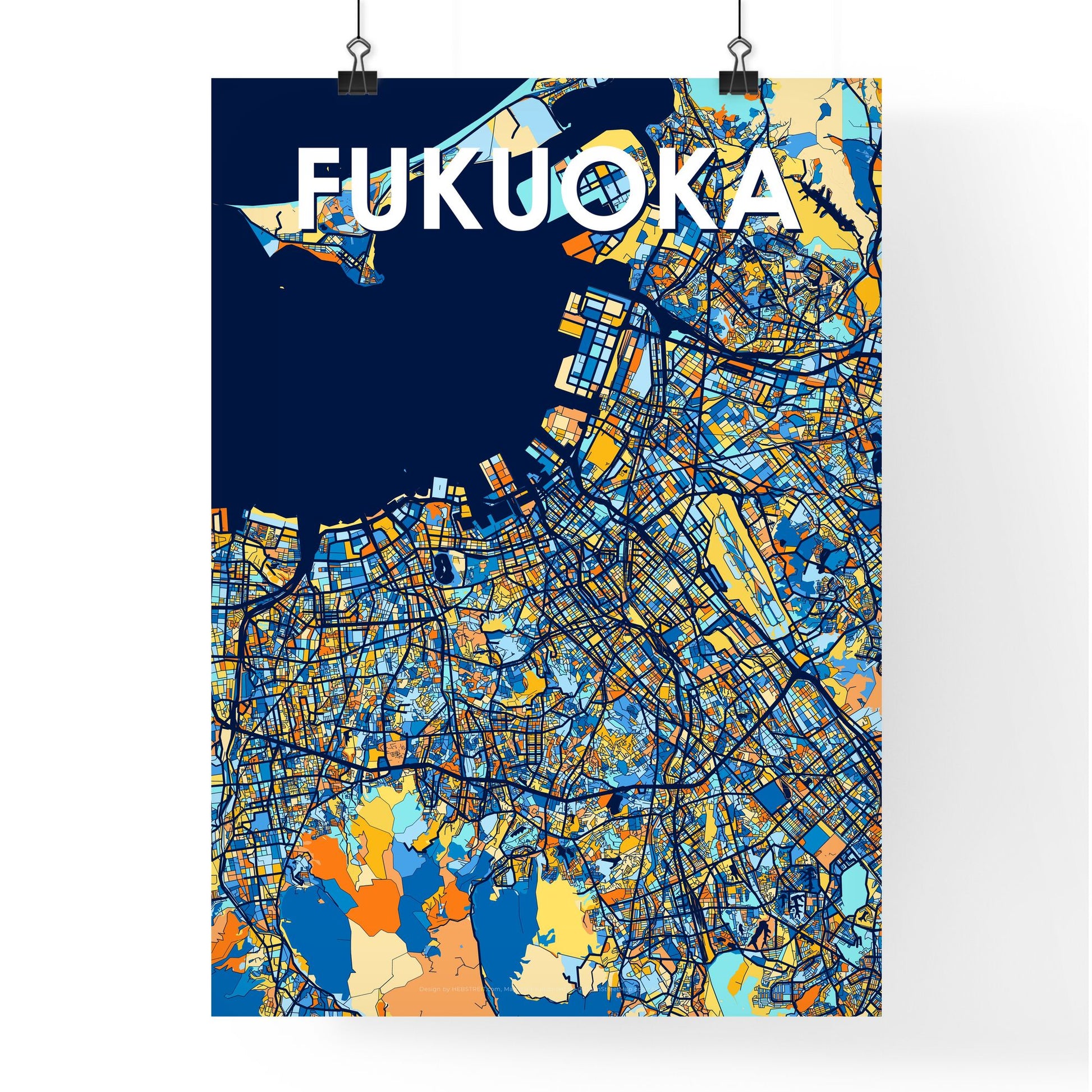 FUKUOKA JAPAN Vibrant Colorful Art Map Poster Blue Orange