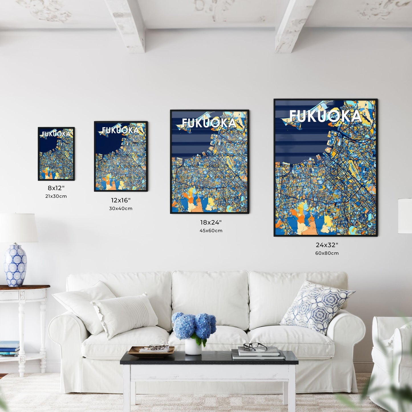 FUKUOKA JAPAN Vibrant Colorful Art Map Poster Blue Orange