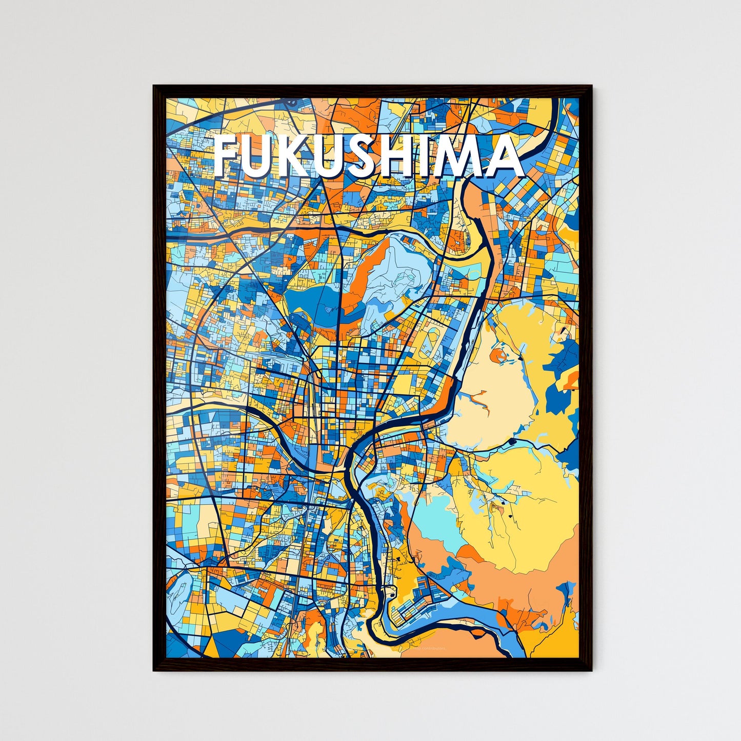 FUKUSHIMA JAPAN Vibrant Colorful Art Map Poster Blue Orange