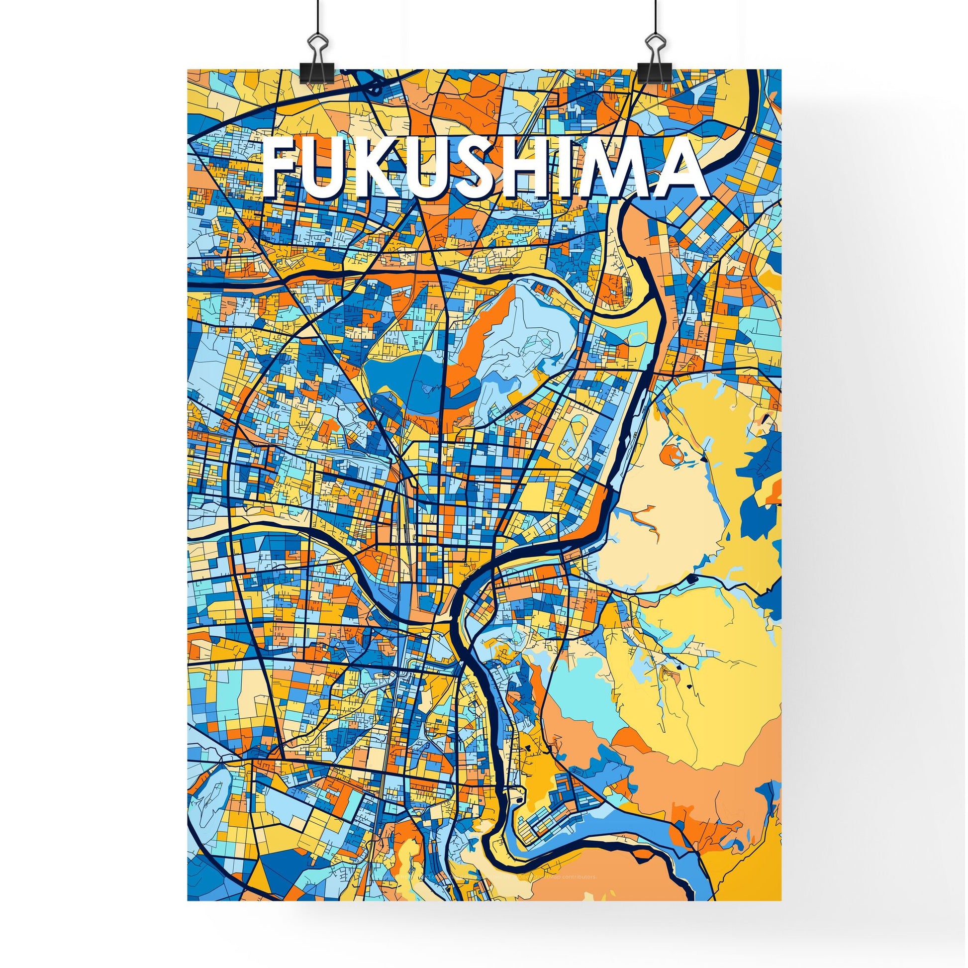 FUKUSHIMA JAPAN Vibrant Colorful Art Map Poster Blue Orange