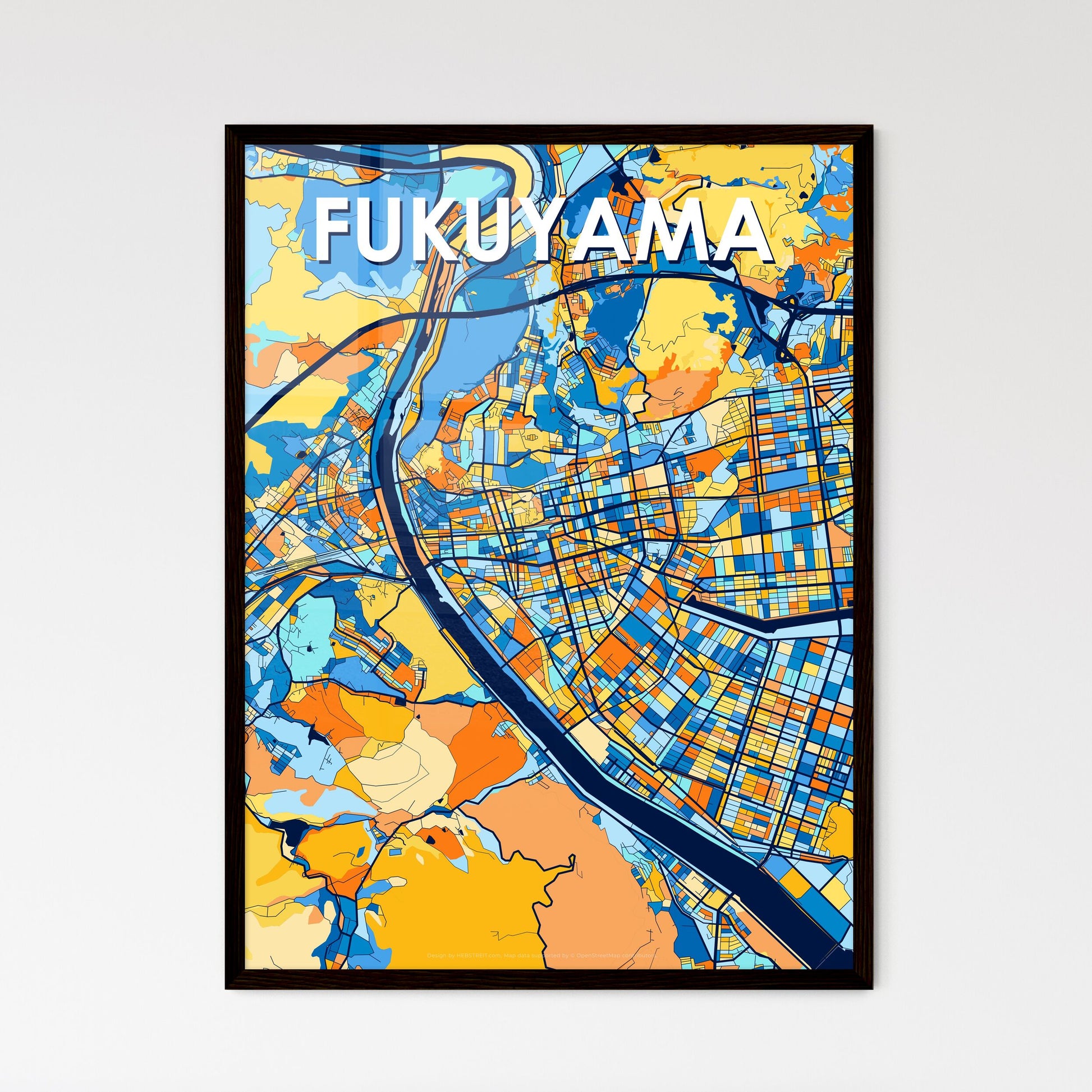 FUKUYAMA JAPAN Vibrant Colorful Art Map Poster Blue Orange