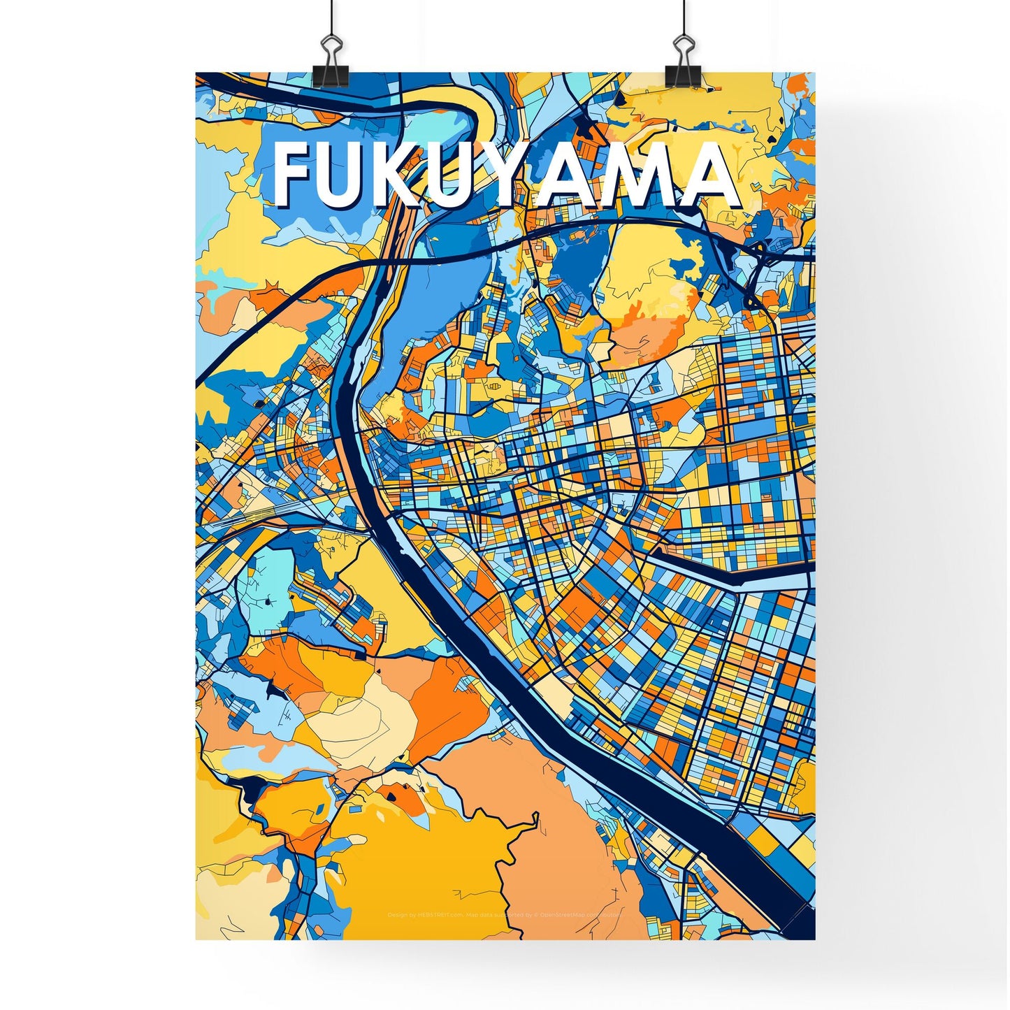 FUKUYAMA JAPAN Vibrant Colorful Art Map Poster Blue Orange