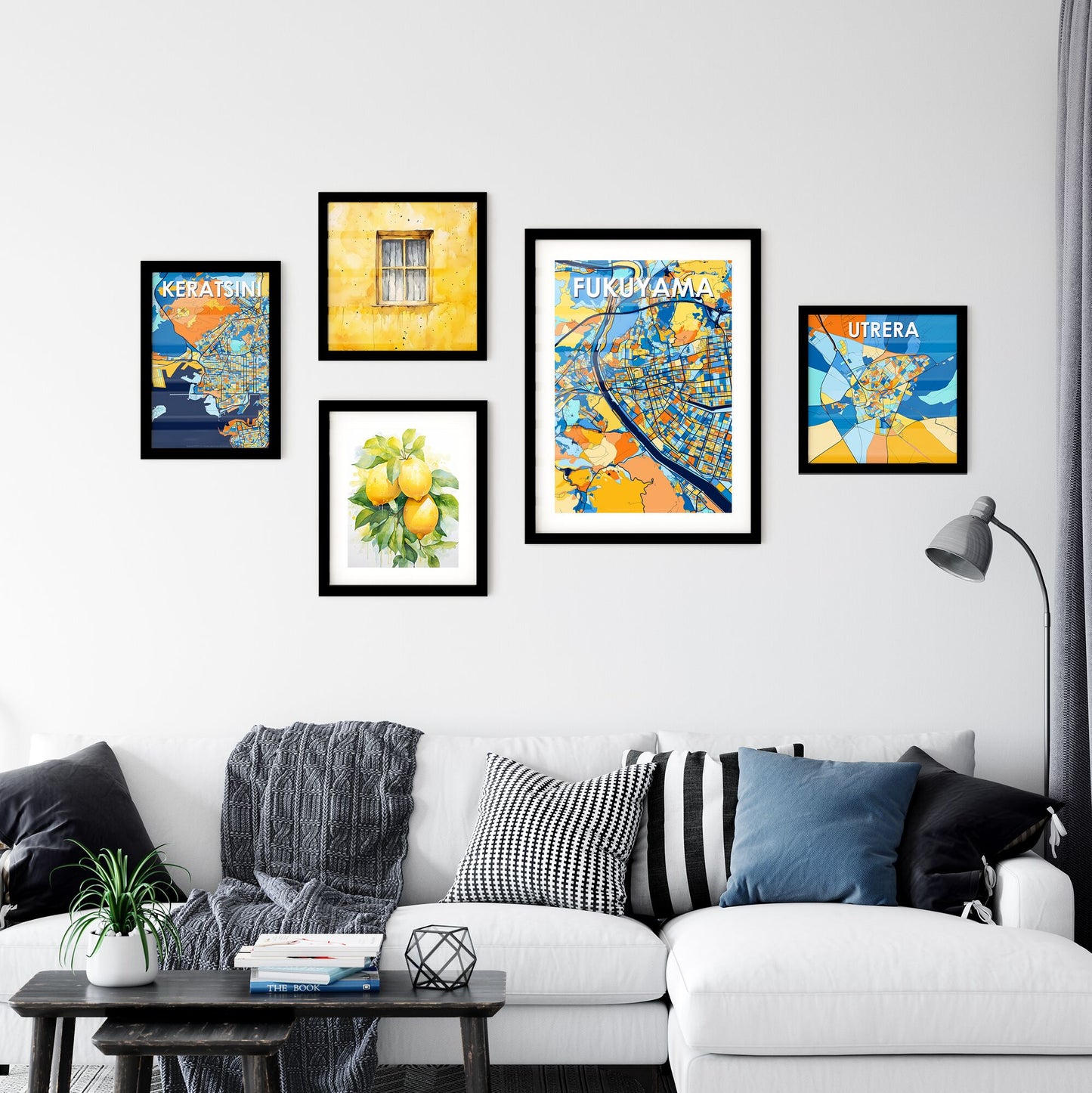 FUKUYAMA JAPAN Vibrant Colorful Art Map Poster Blue Orange