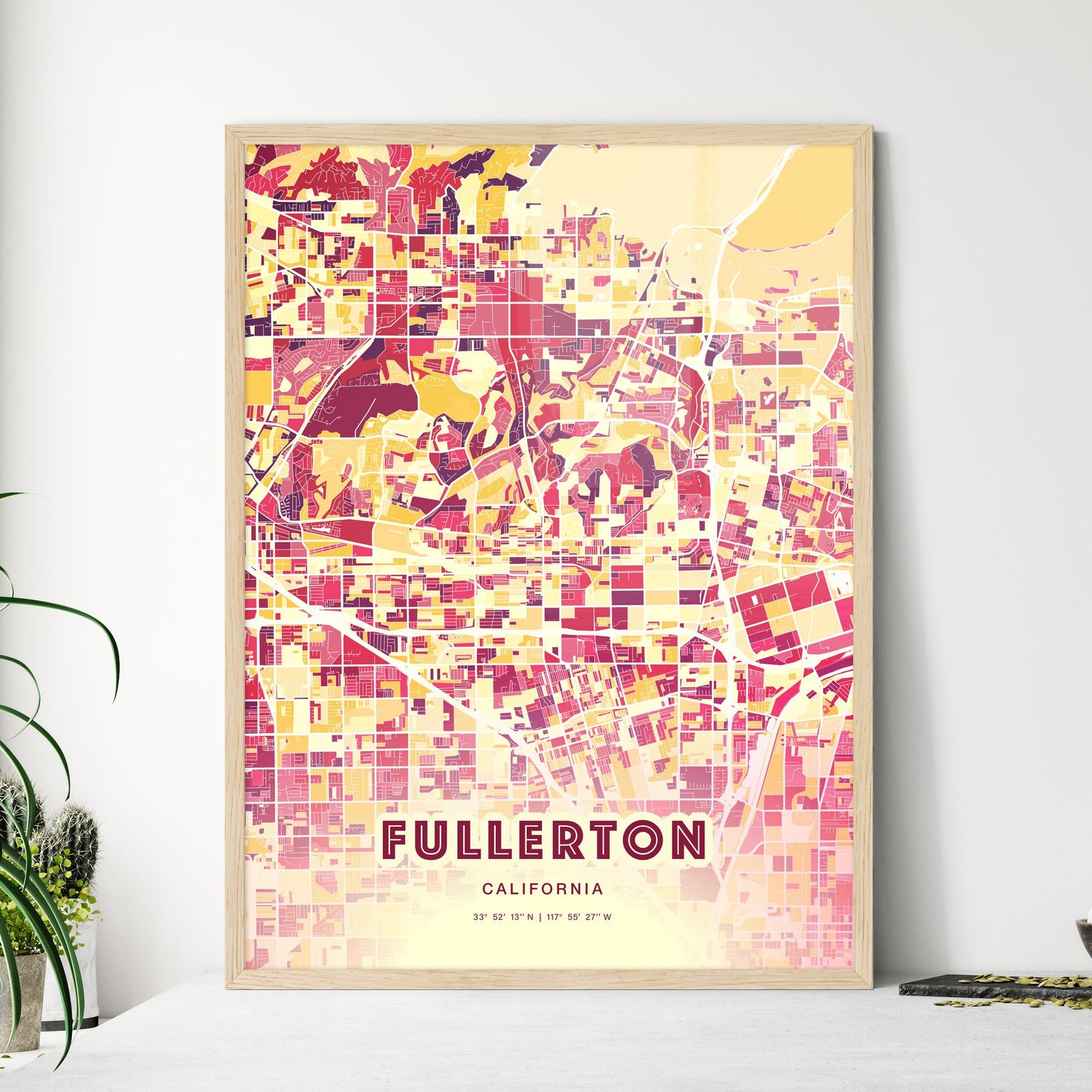 Colorful Fullerton California Fine Art Map Hot Red