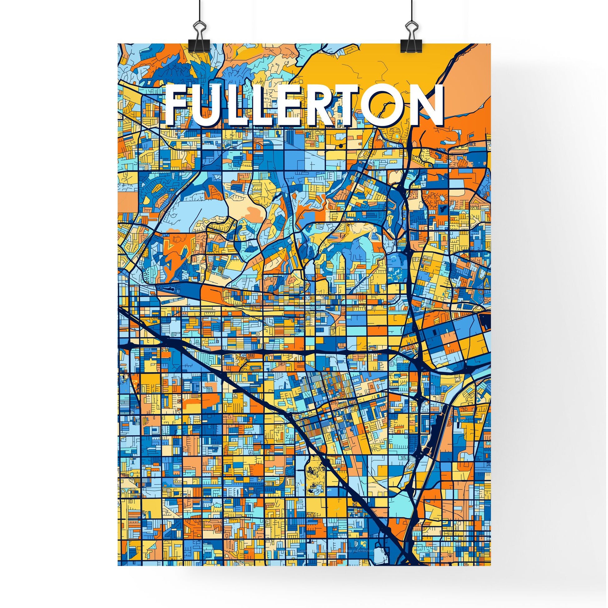 FULLERTON CALIFORNIA Vibrant Colorful Art Map Poster Blue Orange