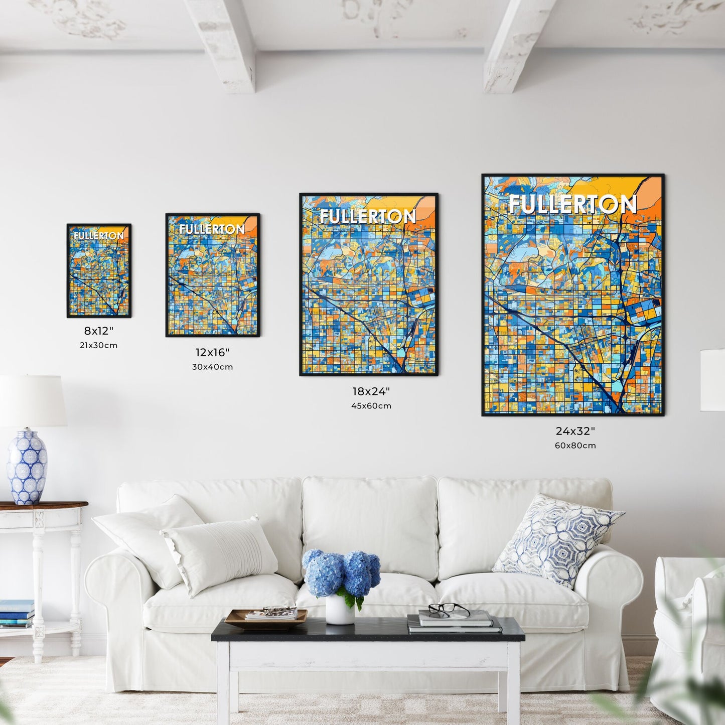 FULLERTON CALIFORNIA Vibrant Colorful Art Map Poster Blue Orange