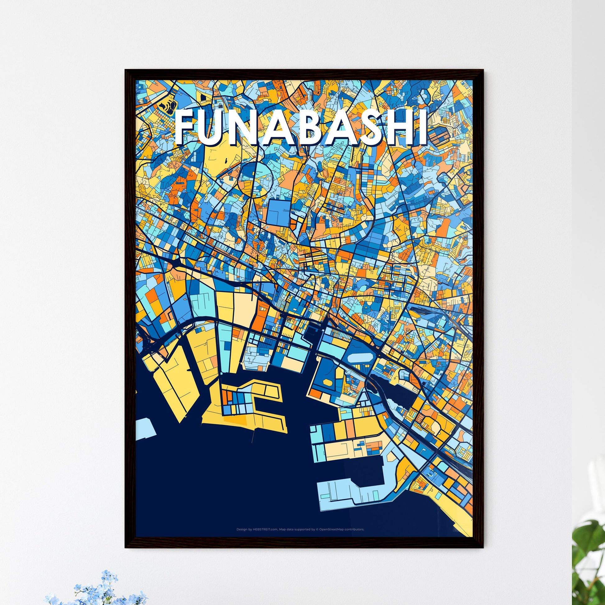 FUNABASHI JAPAN Vibrant Colorful Art Map Poster Blue Orange