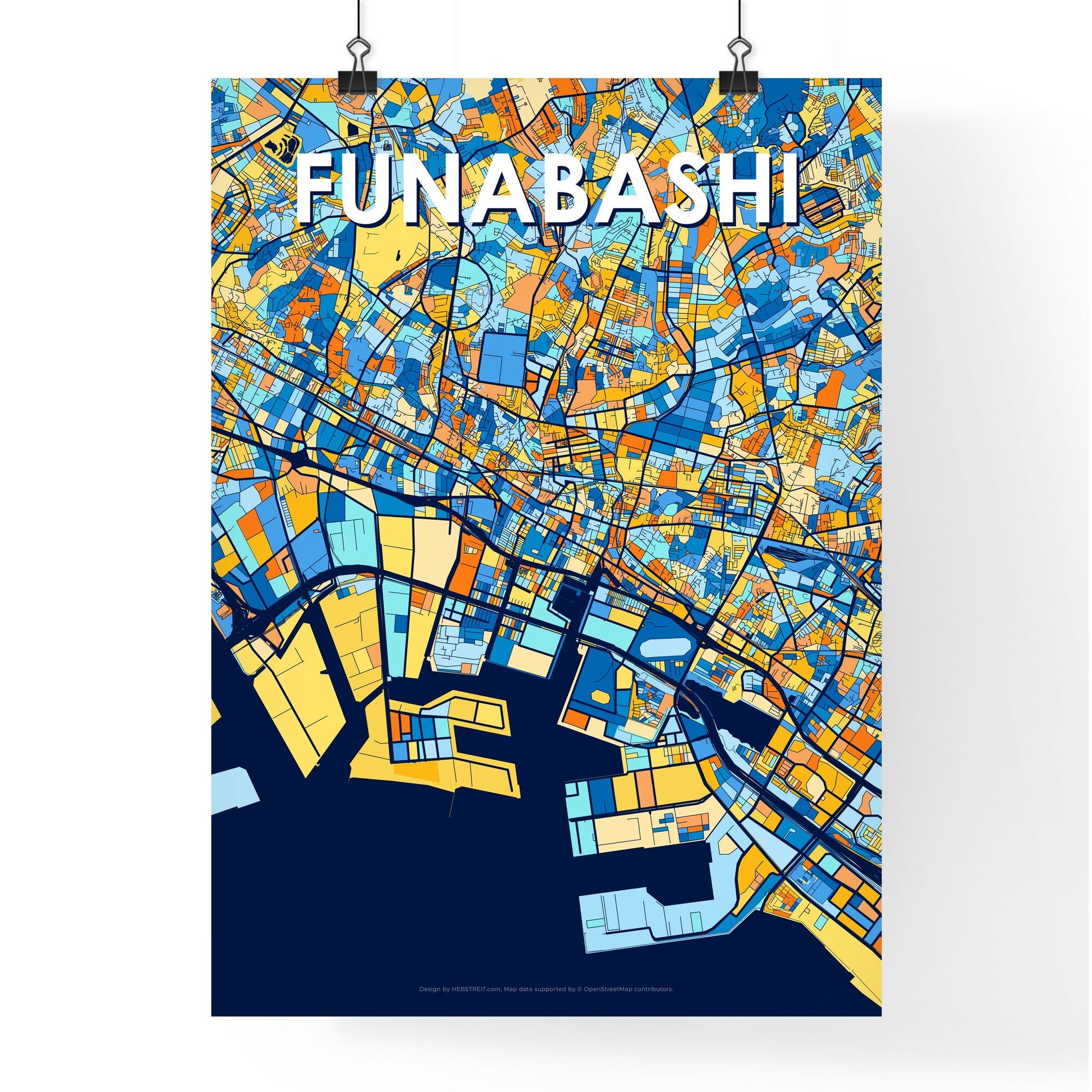 FUNABASHI JAPAN Vibrant Colorful Art Map Poster Blue Orange