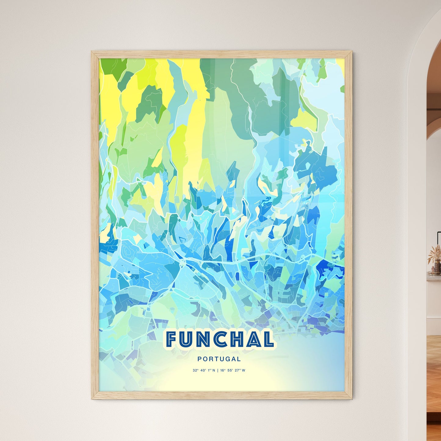 Colorful Funchal Portugal Fine Art Map Cool Blue