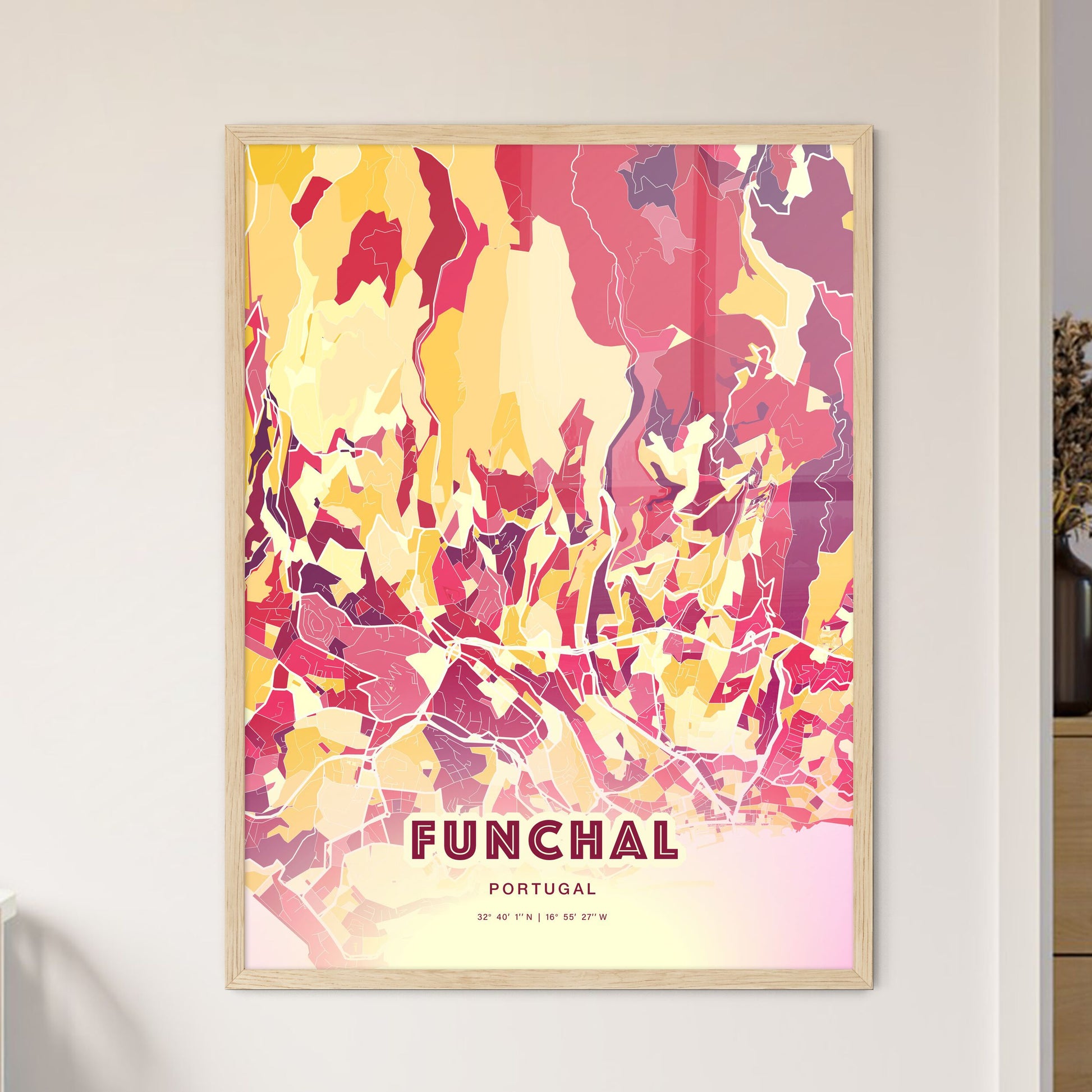 Colorful Funchal Portugal Fine Art Map Hot Red