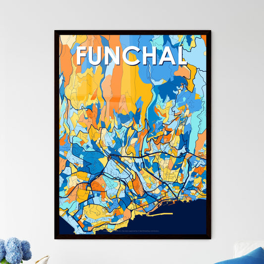 FUNCHAL PORTUGAL Vibrant Colorful Art Map Poster Blue Orange