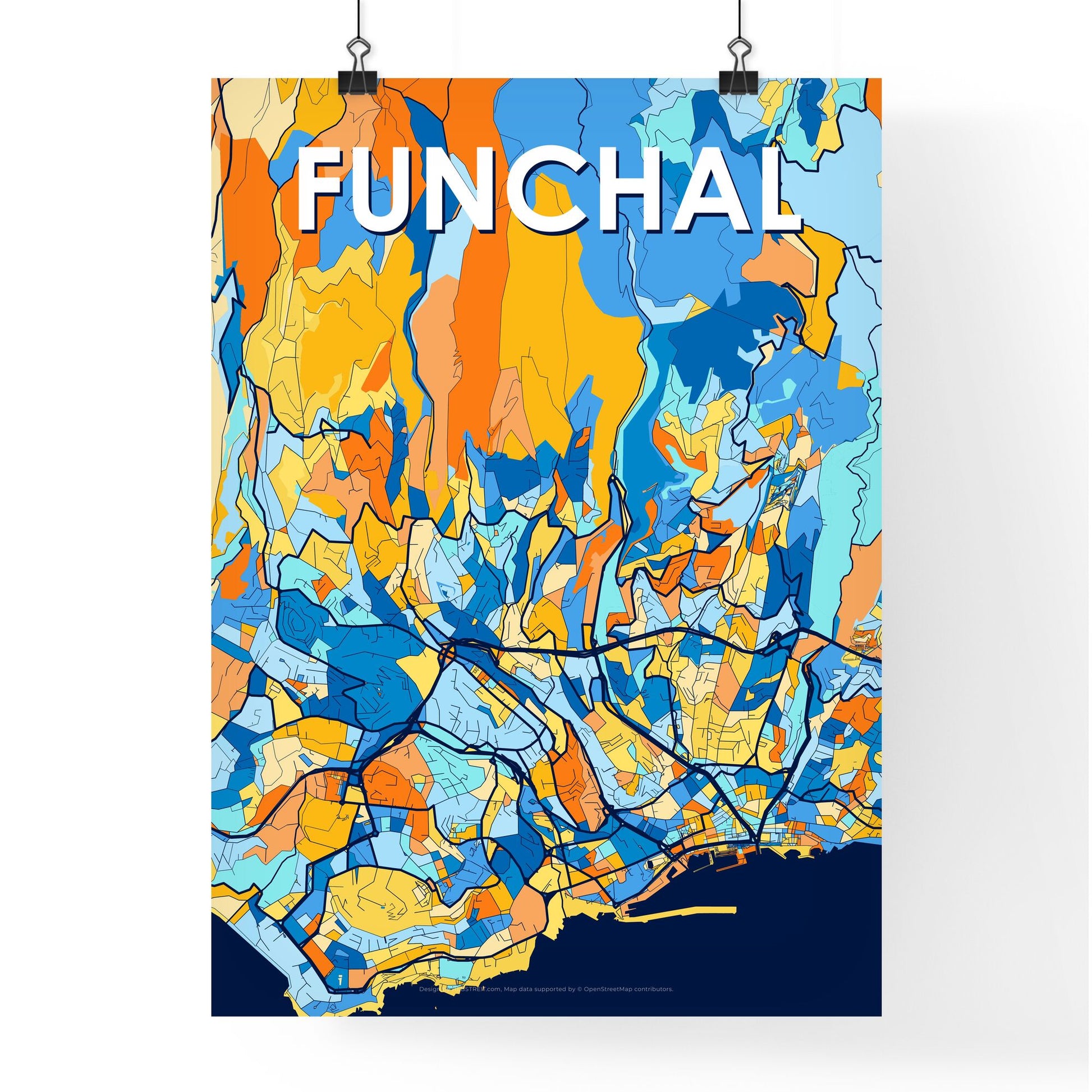 FUNCHAL PORTUGAL Vibrant Colorful Art Map Poster Blue Orange