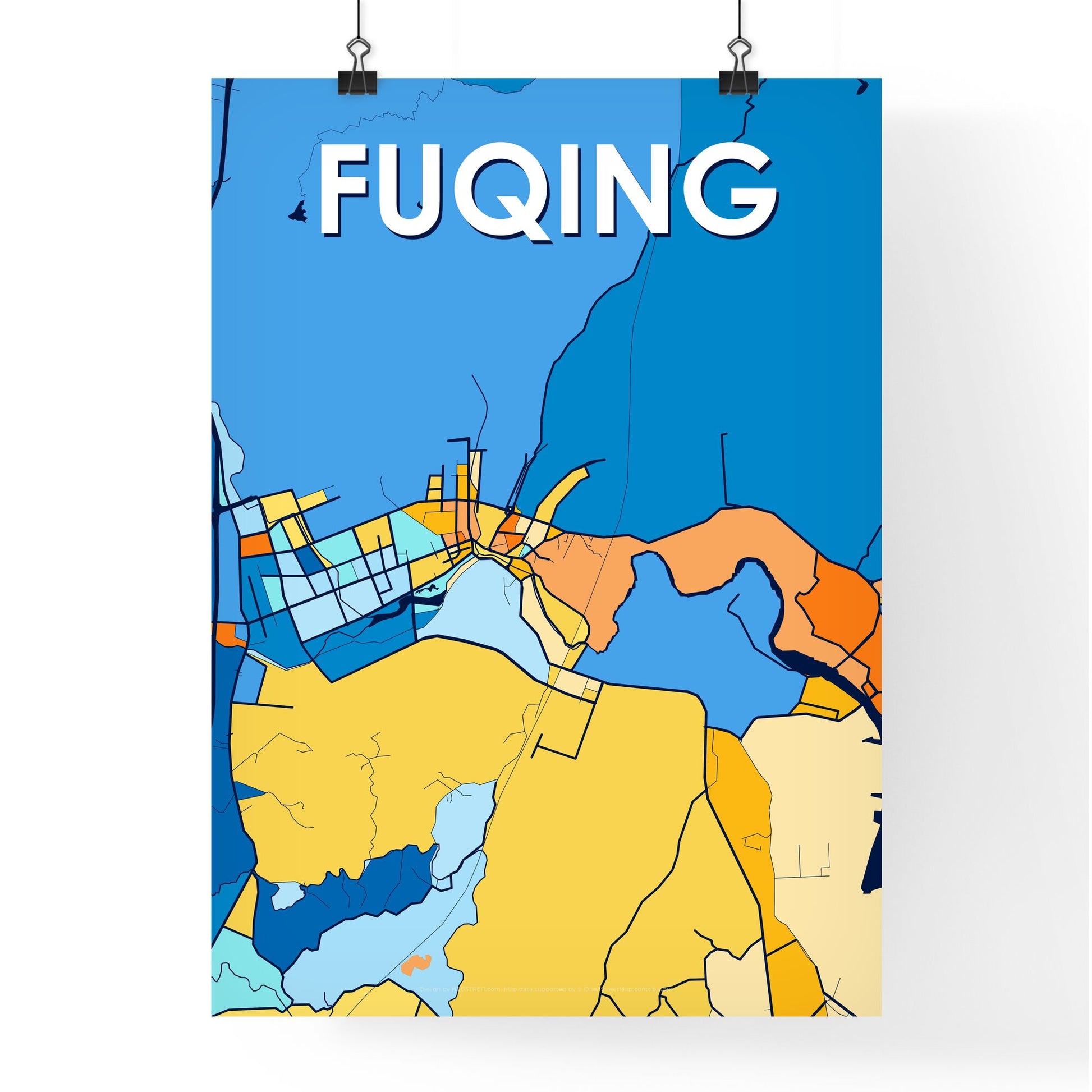 FUQING CHINA Vibrant Colorful Art Map Poster Blue Orange